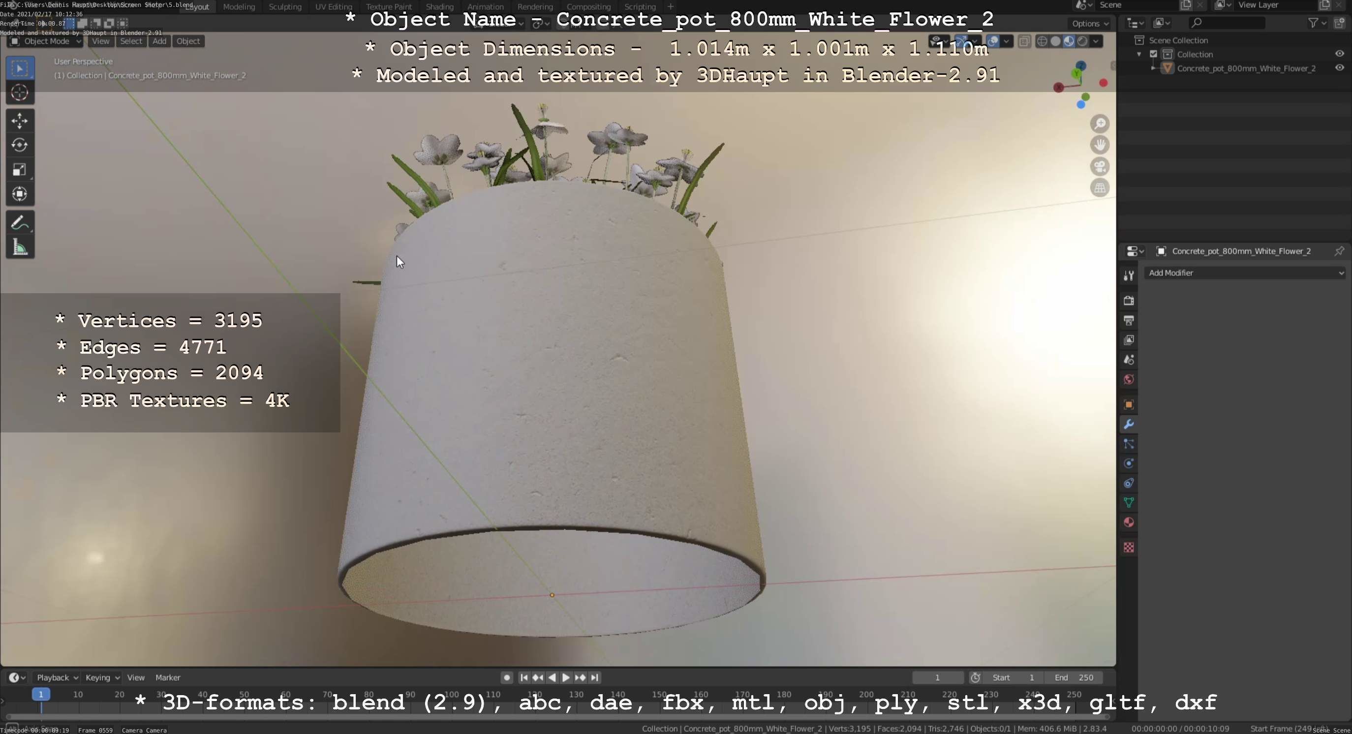Concrete Pipe Pot 800mm with White Version 2 Low-poly 3D model_37