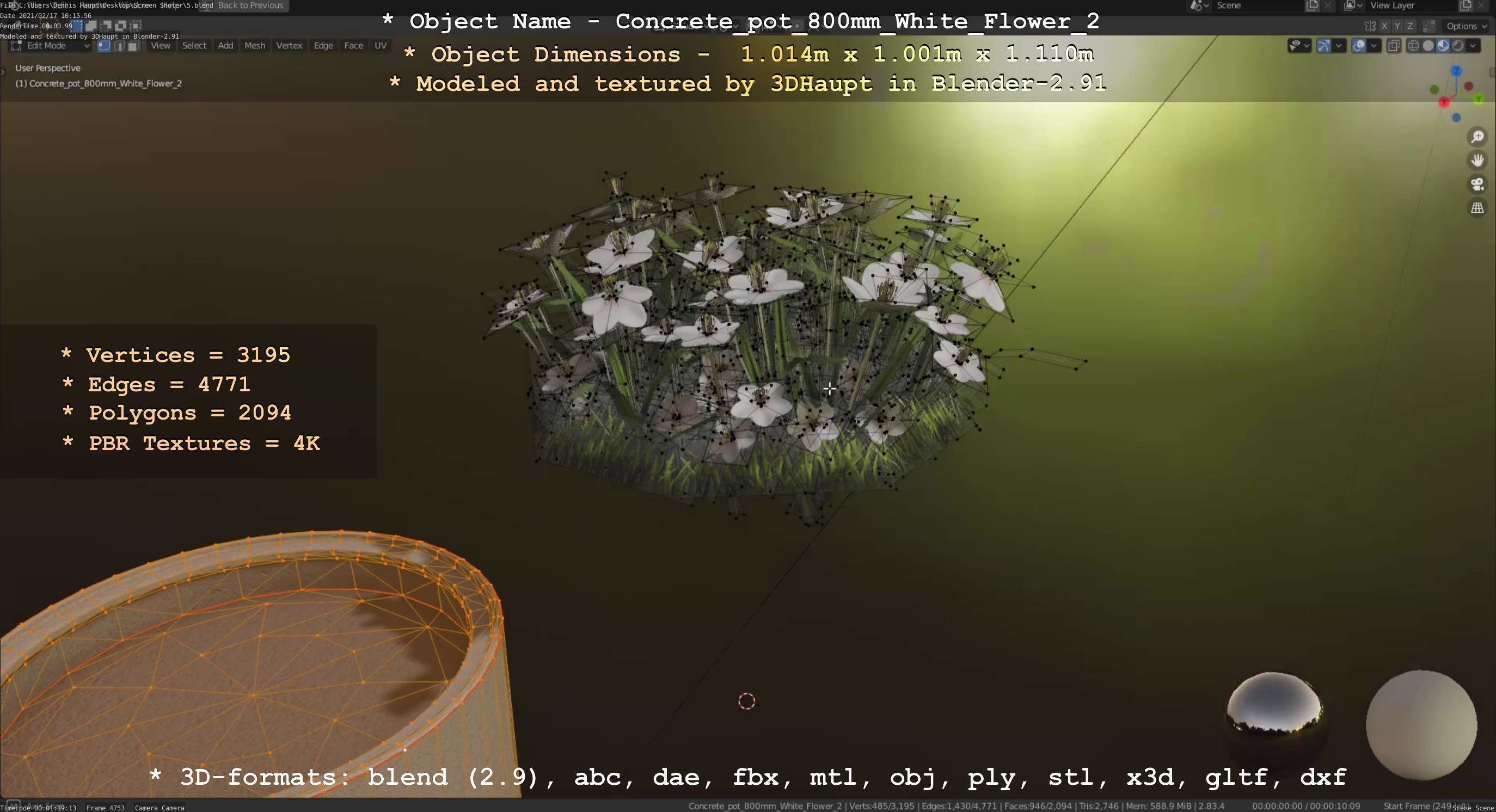 Concrete Pipe Pot 800mm with White Version 2 Low-poly 3D model_25