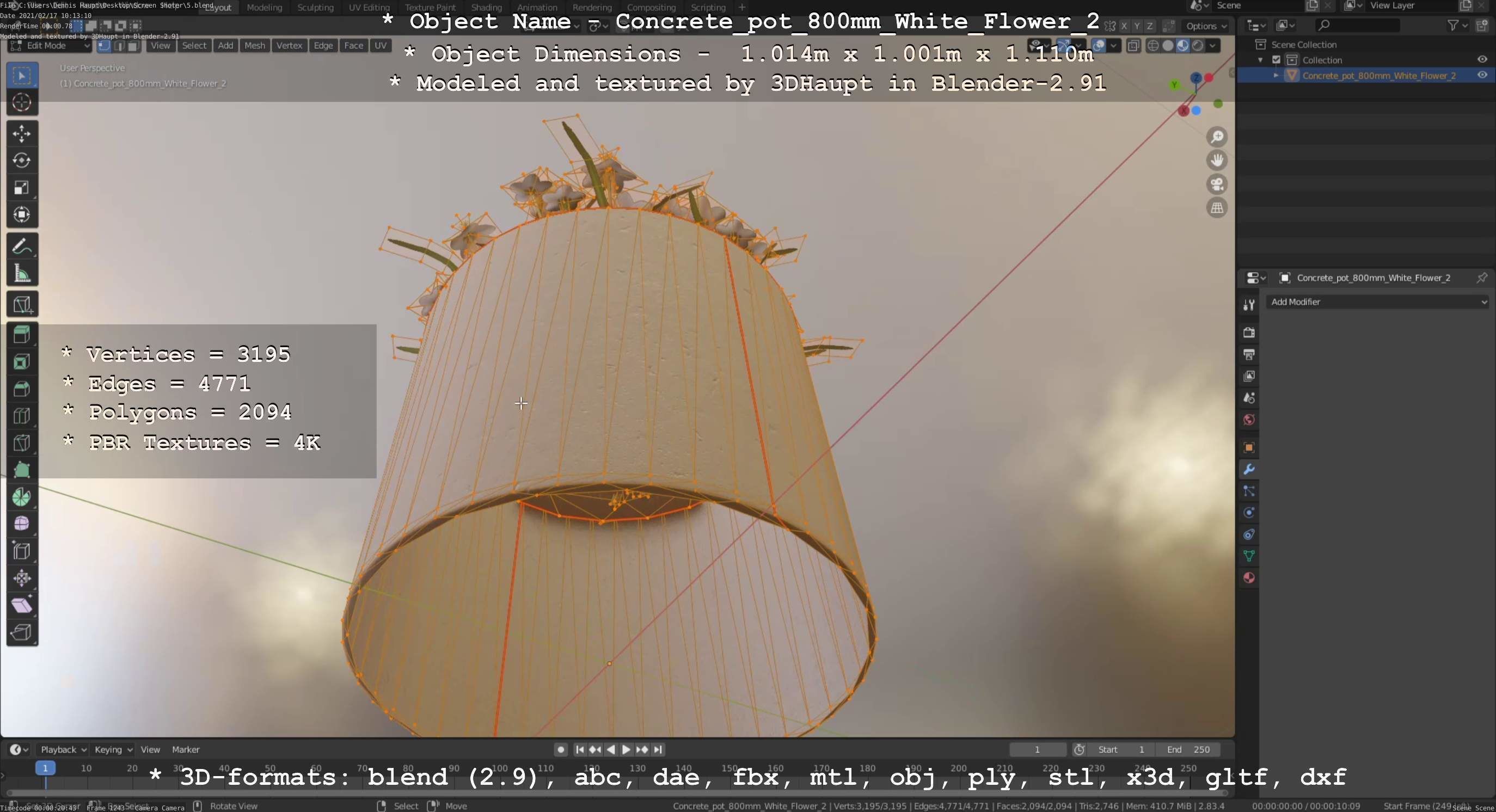 Concrete Pipe Pot 800mm with White Version 2 Low-poly 3D model_100