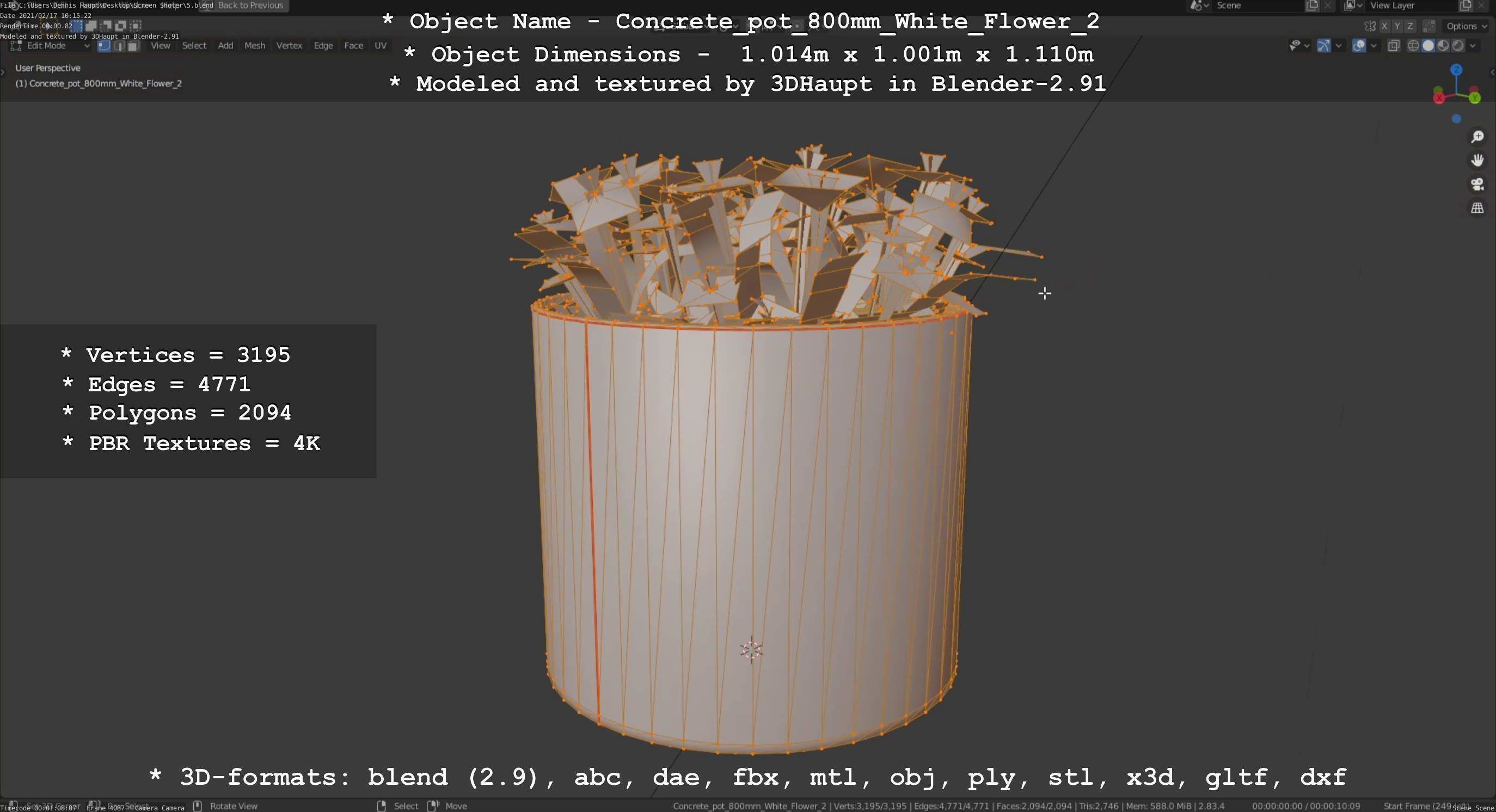 Concrete Pipe Pot 800mm with White Version 2 Low-poly 3D model_16