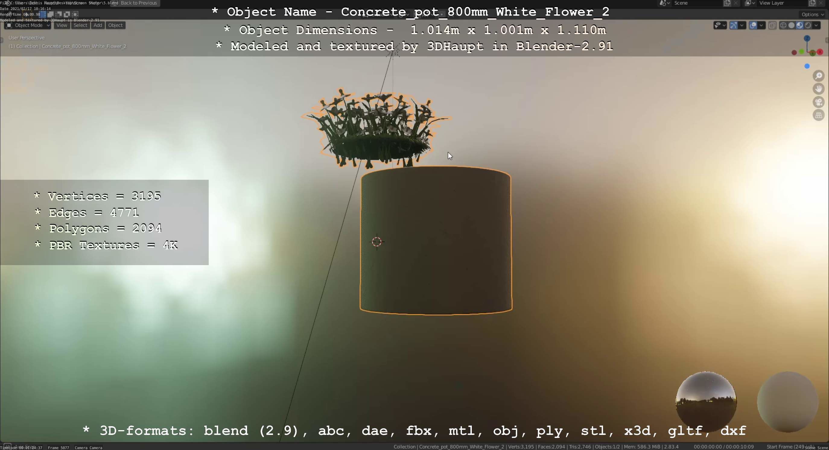 Concrete Pipe Pot 800mm with White Version 2 Low-poly 3D model_29