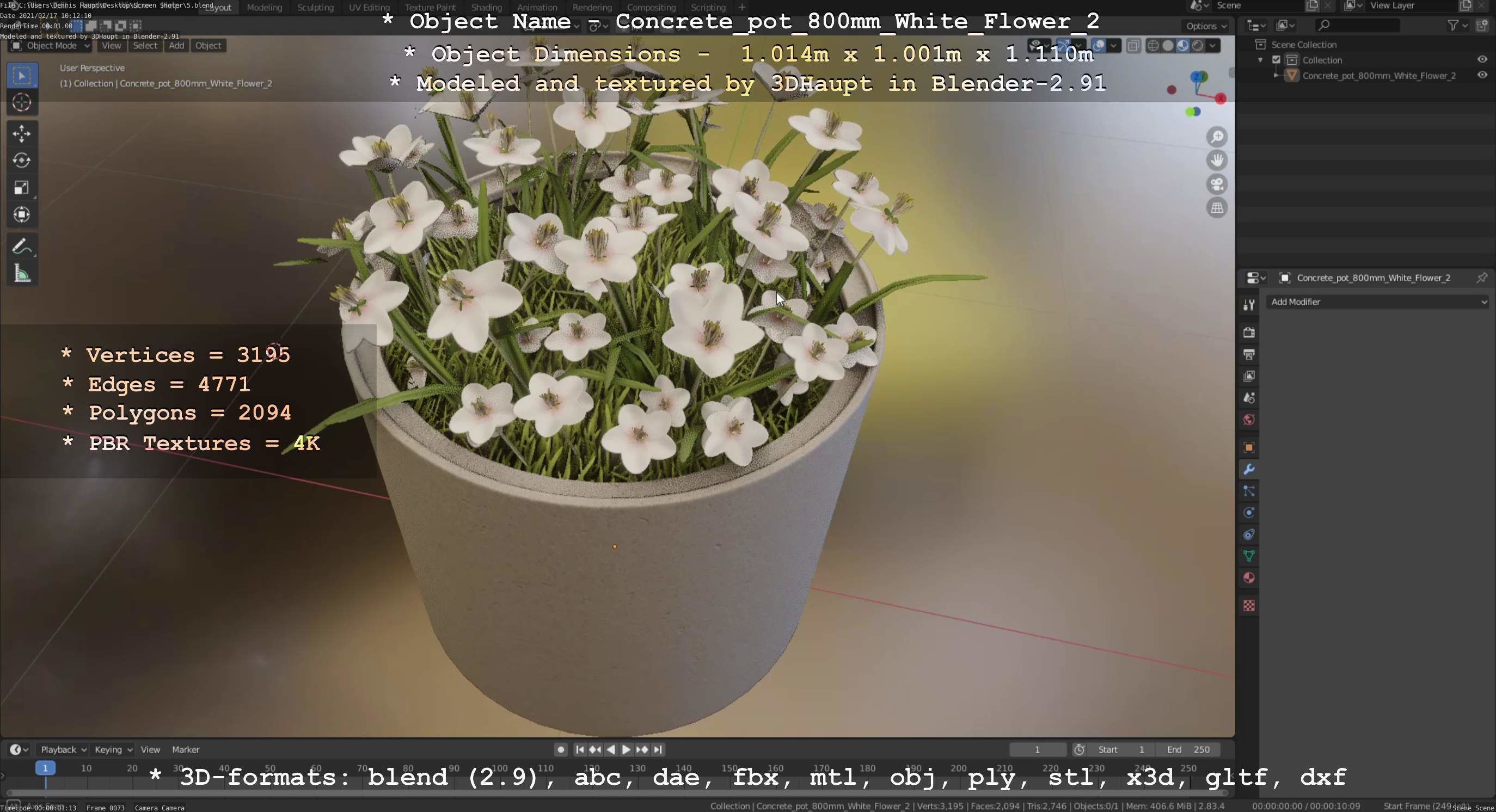 Concrete Pipe Pot 800mm with White Version 2 Low-poly 3D model_33