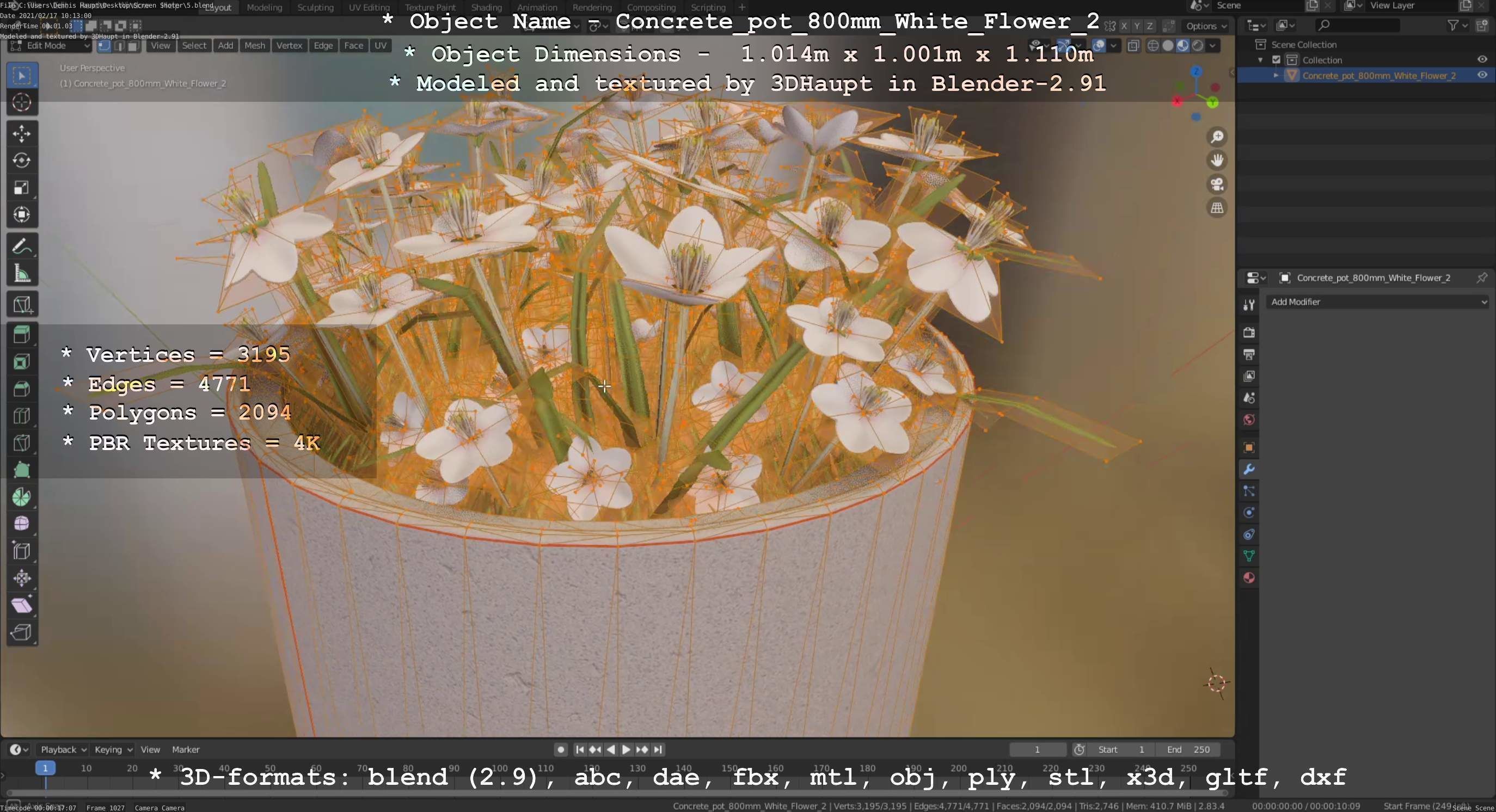 Concrete Pipe Pot 800mm with White Version 2 Low-poly 3D model_88