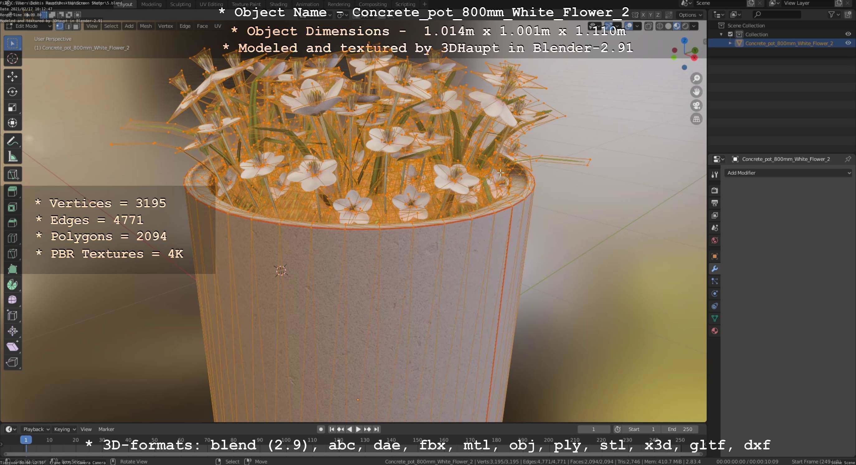 Concrete Pipe Pot 800mm with White Version 2 Low-poly 3D model_84