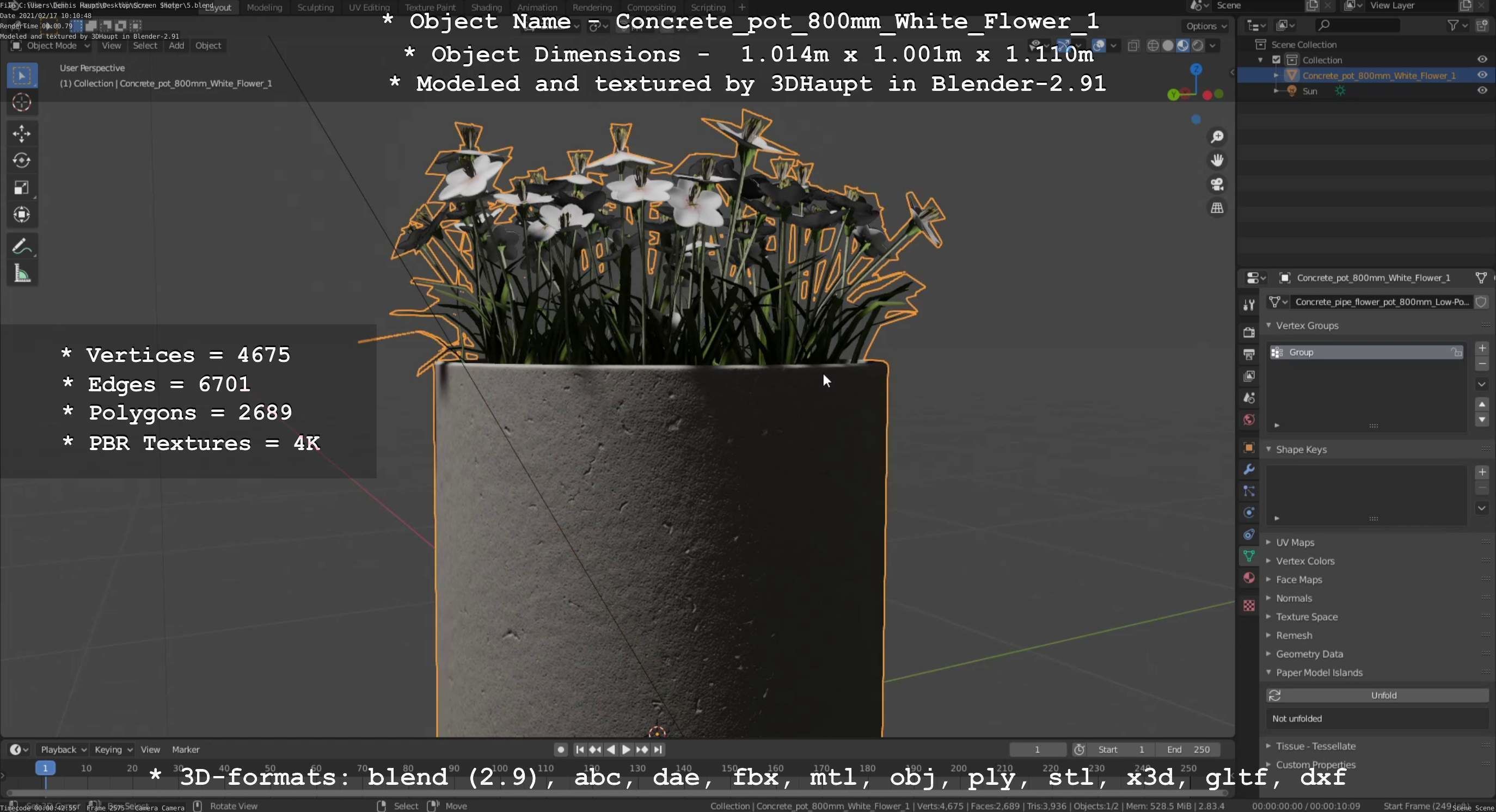 Concrete Pipe Pot 800mm with White Version 1 Low-poly 3D model_77