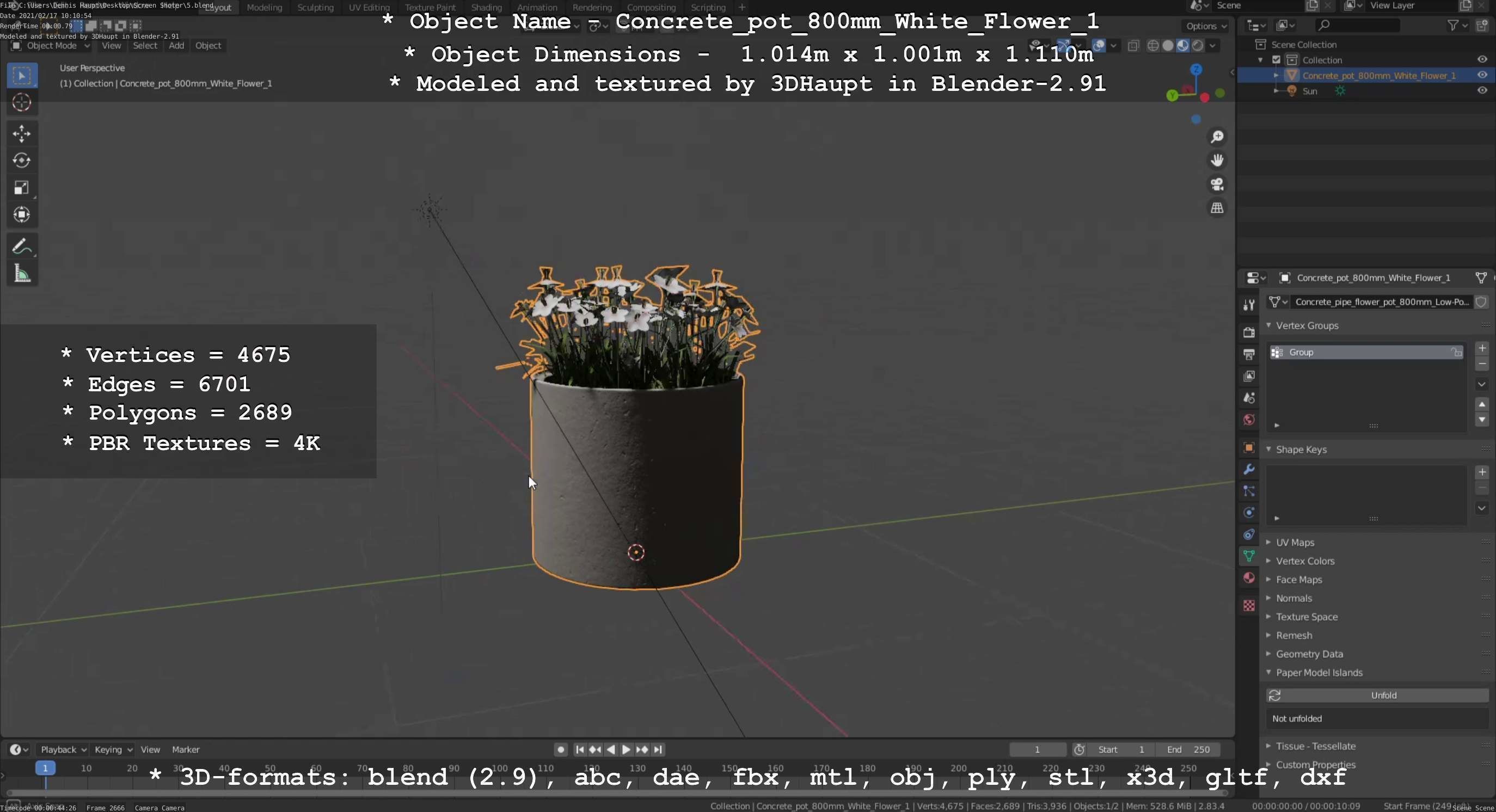 Concrete Pipe Pot 800mm with White Version 1 Low-poly 3D model_87