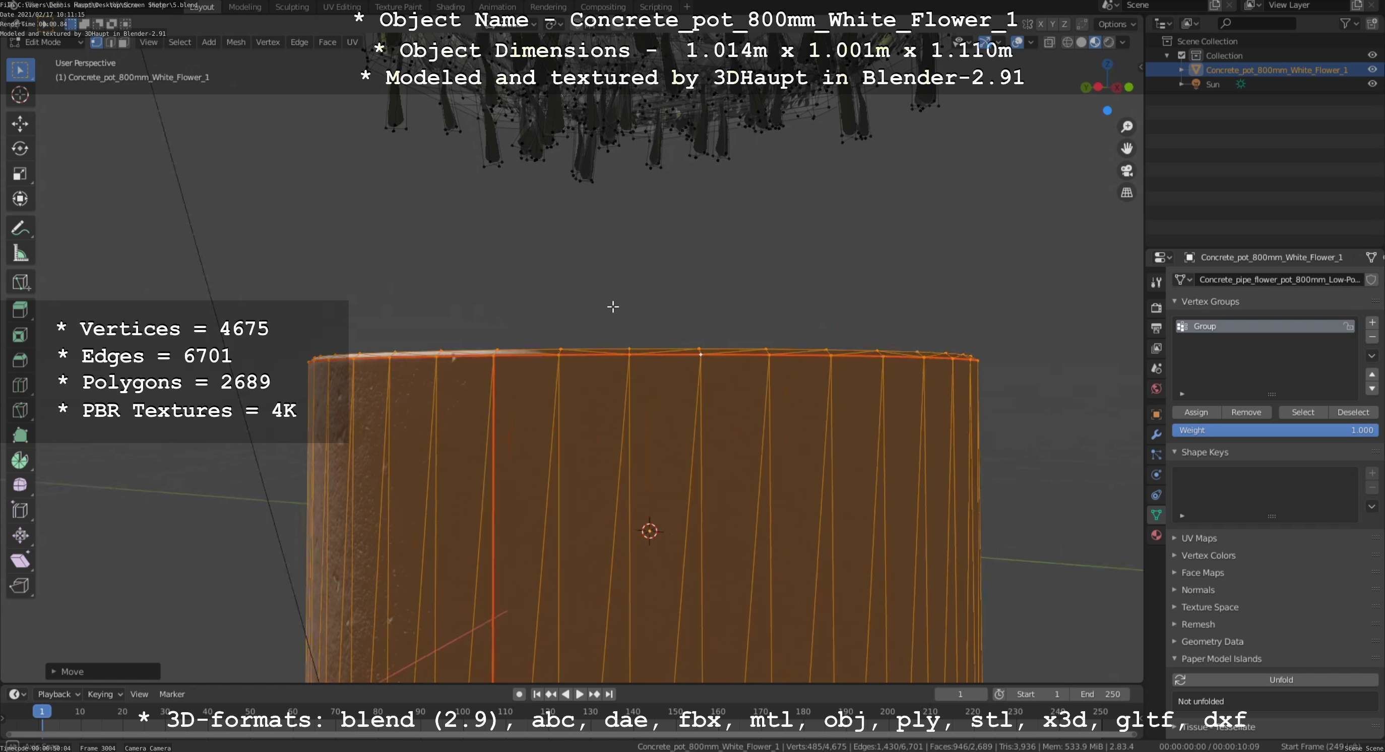 Concrete Pipe Pot 800mm with White Version 1 Low-poly 3D model_17