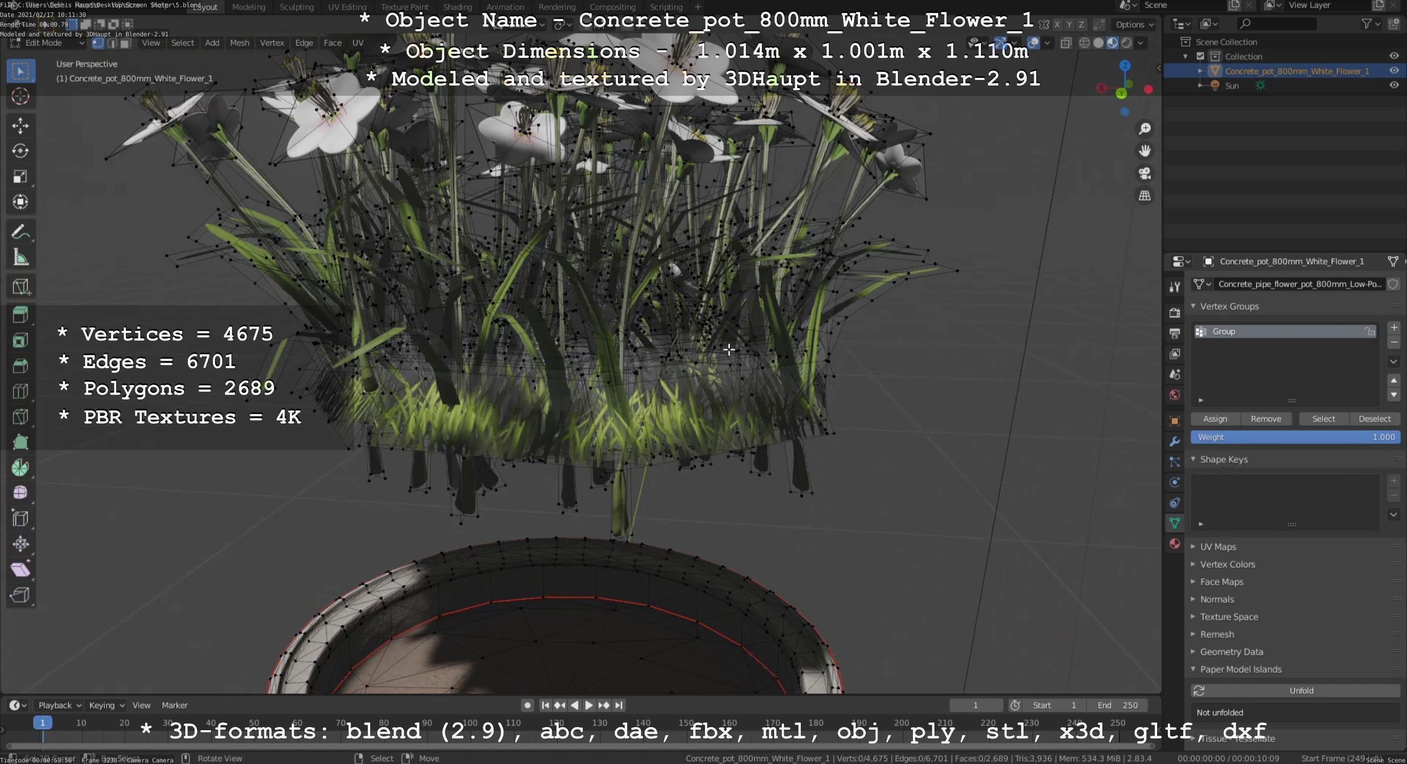 Concrete Pipe Pot 800mm with White Version 1 Low-poly 3D model_21