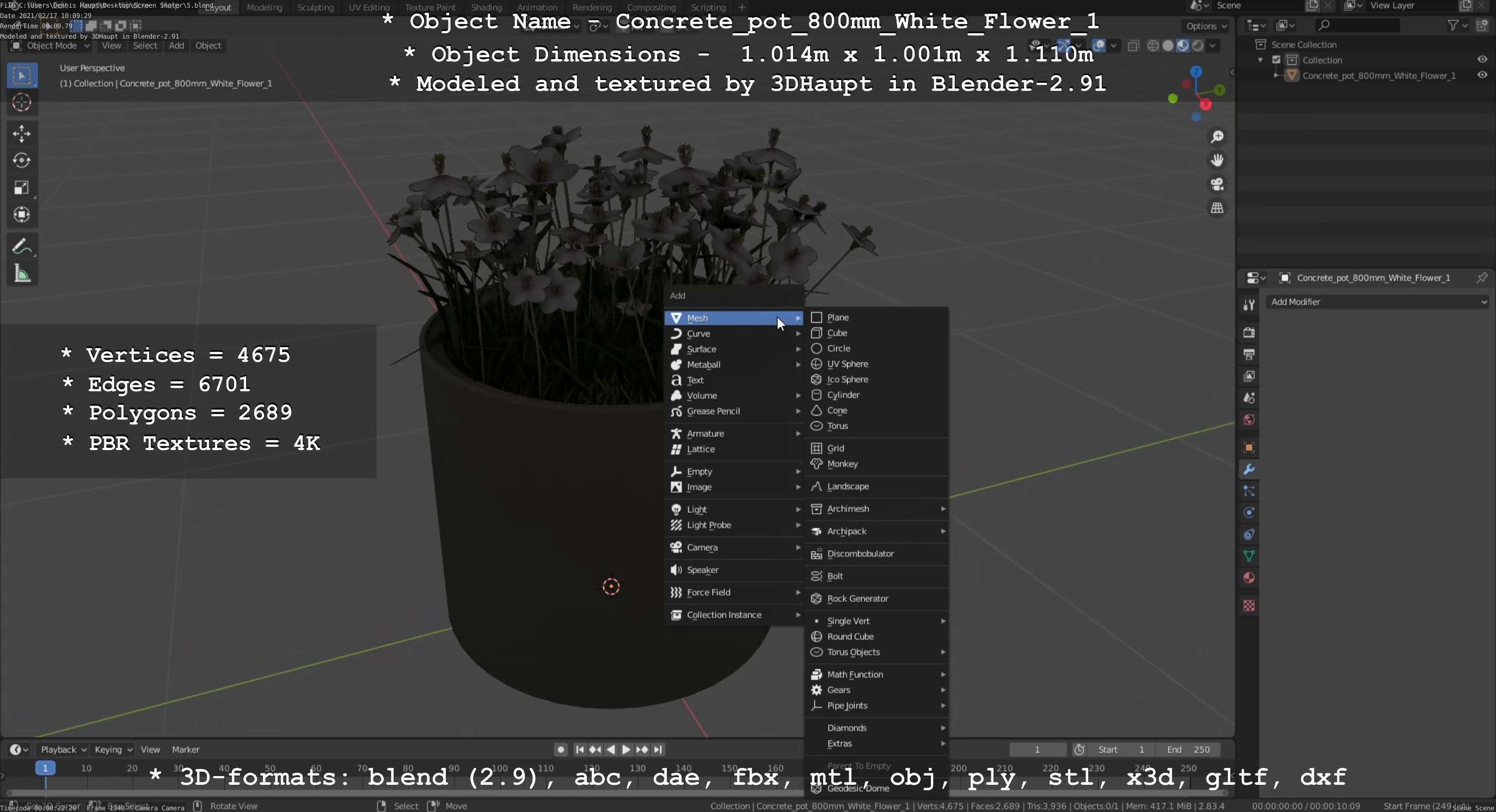 Concrete Pipe Pot 800mm with White Version 1 Low-poly 3D model_9
