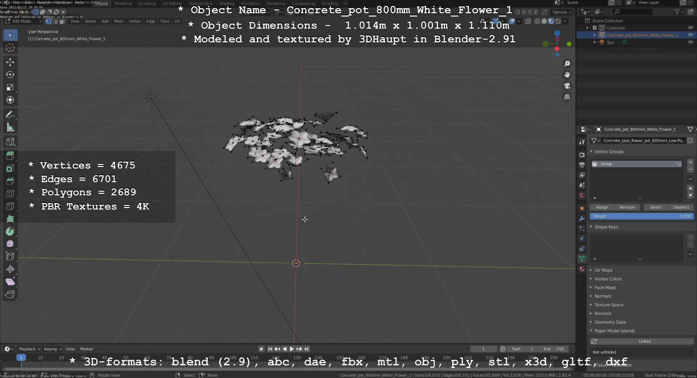 Concrete Pipe Pot 800mm with White Version 1 Low-poly 3D model_94