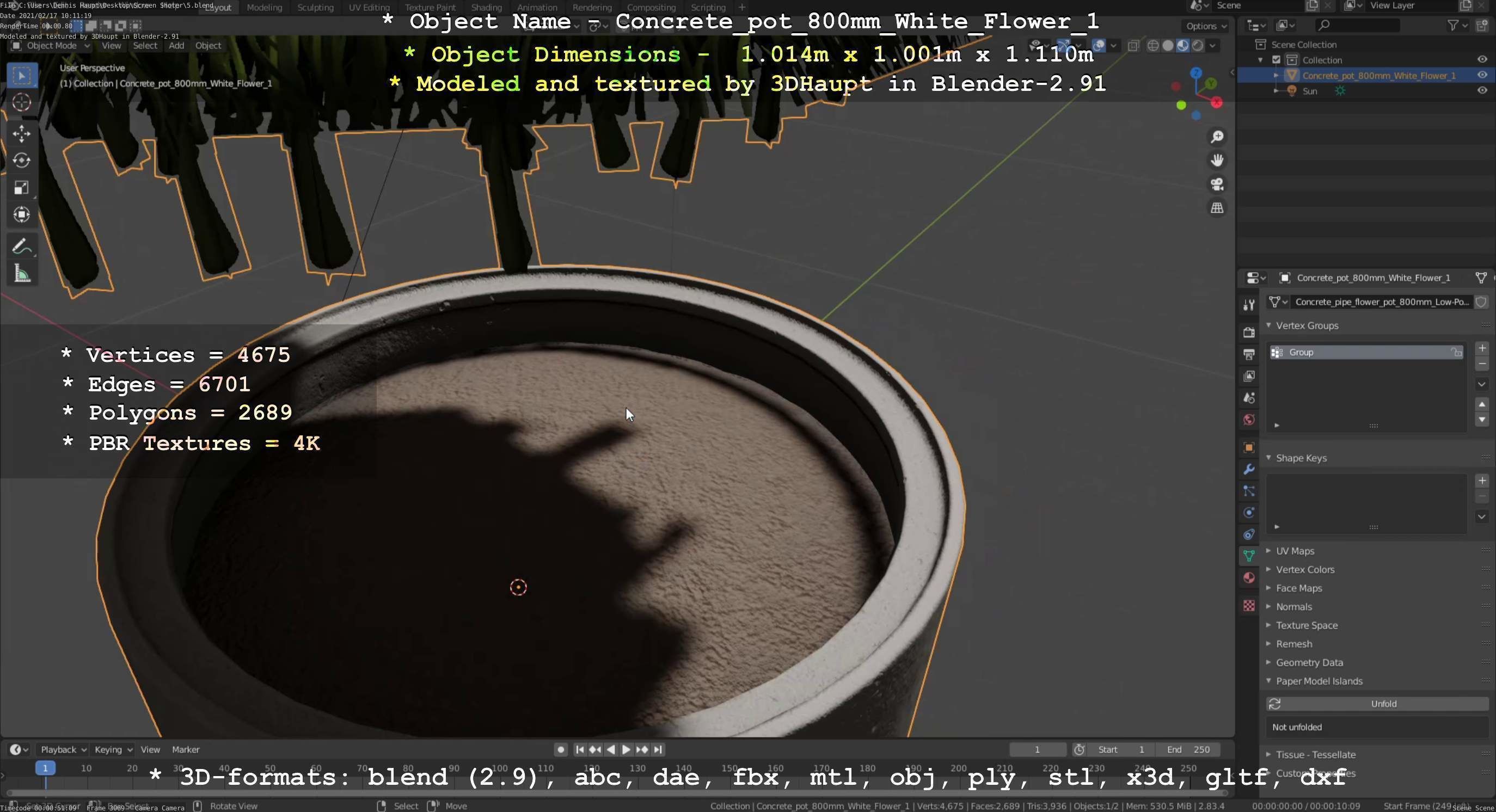Concrete Pipe Pot 800mm with White Version 1 Low-poly 3D model_19