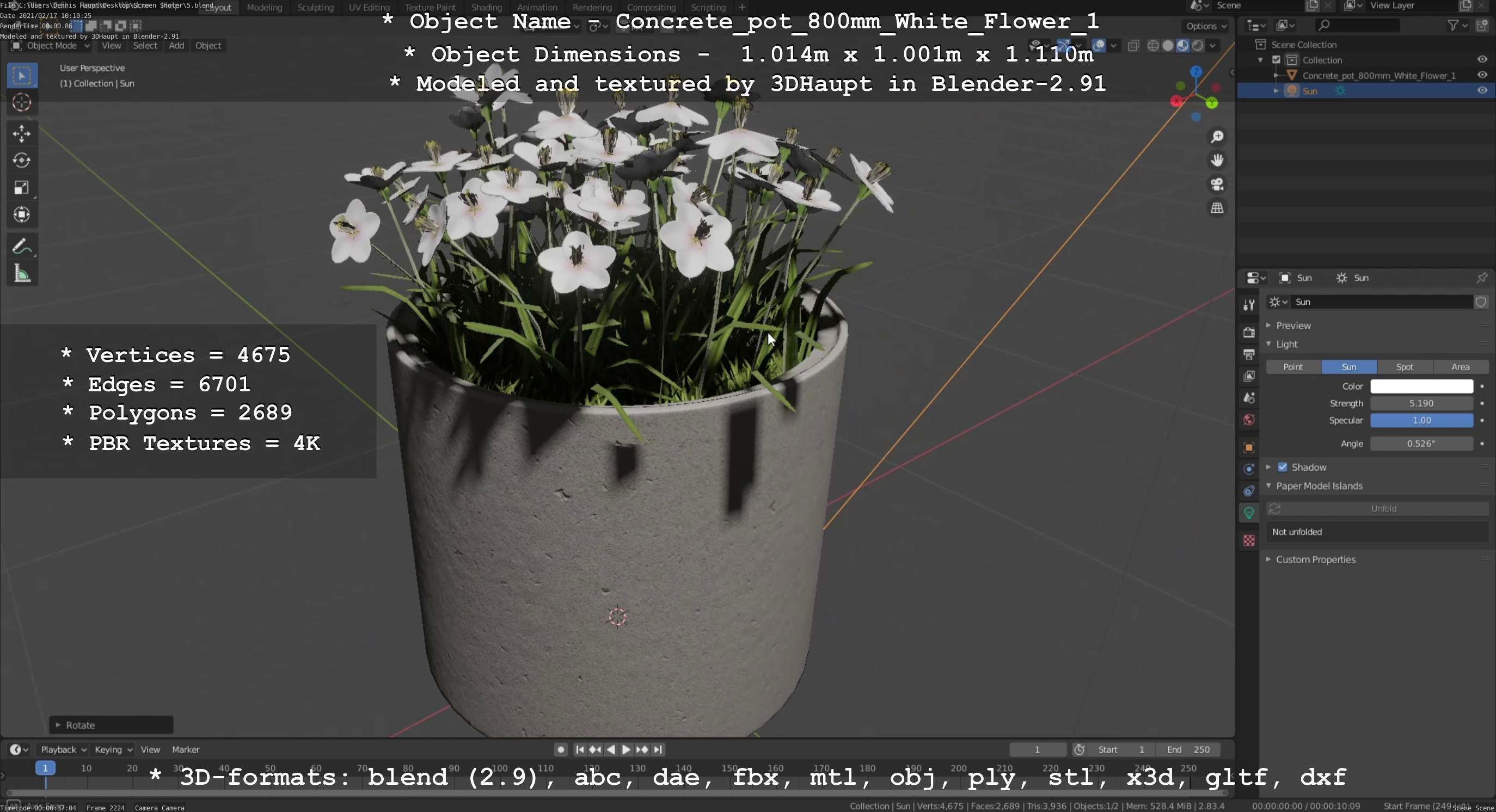 Concrete Pipe Pot 800mm with White Version 1 Low-poly 3D model_12
