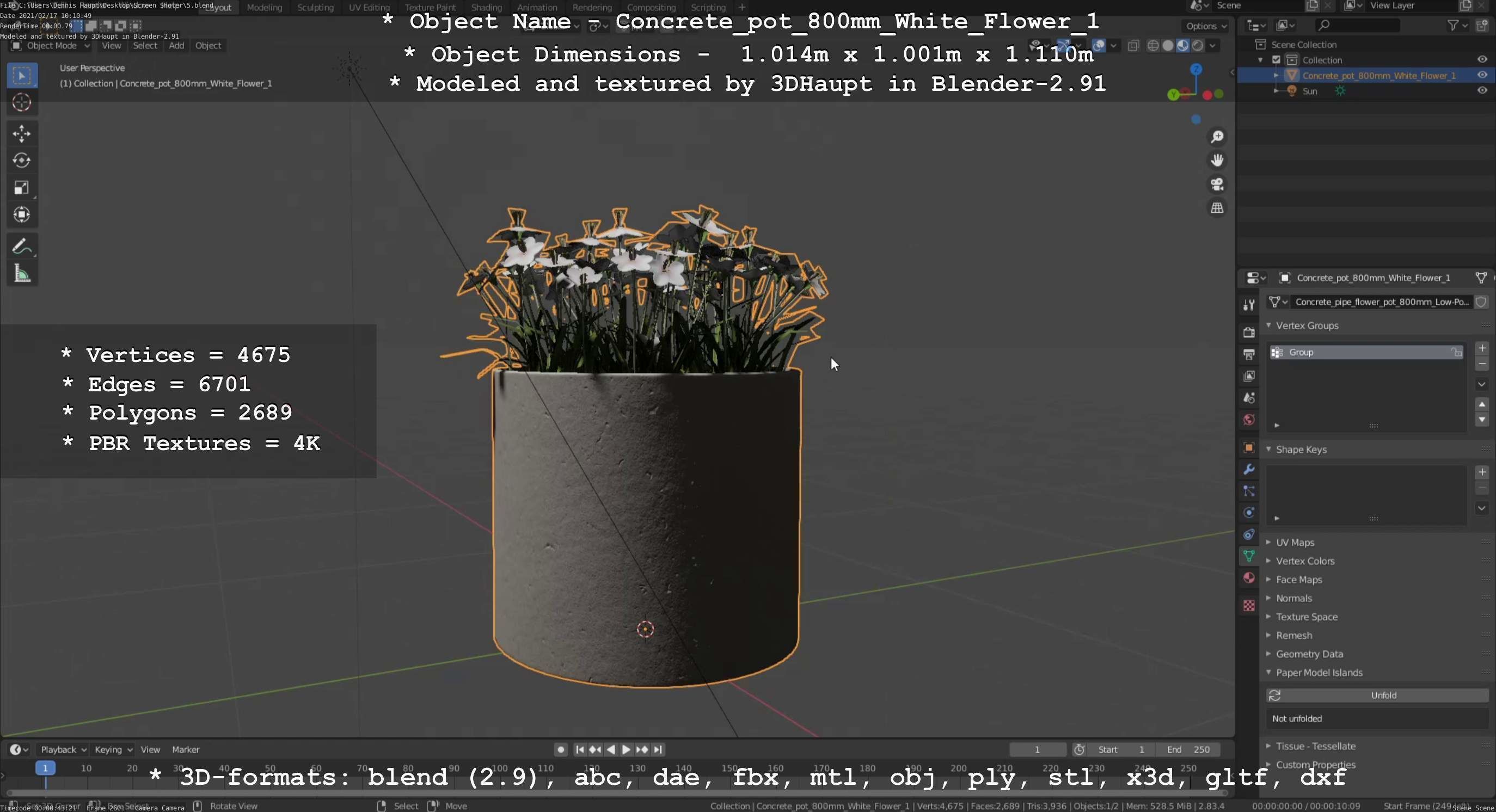 Concrete Pipe Pot 800mm with White Version 1 Low-poly 3D model_82