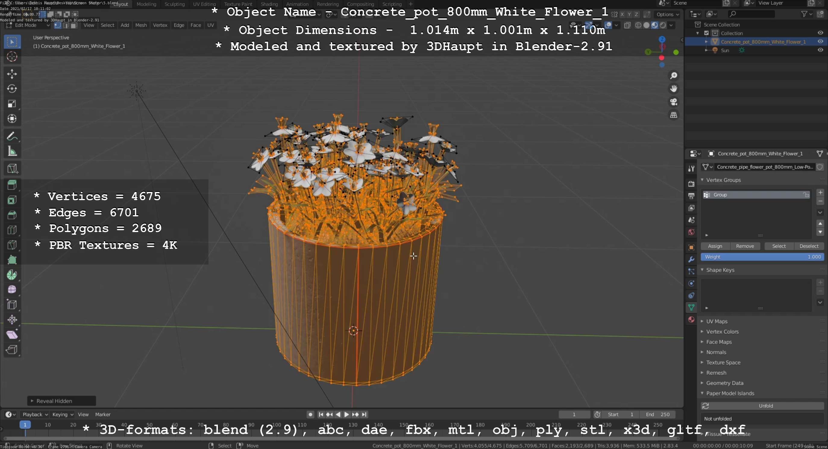 Concrete Pipe Pot 800mm with White Version 1 Low-poly 3D model_93
