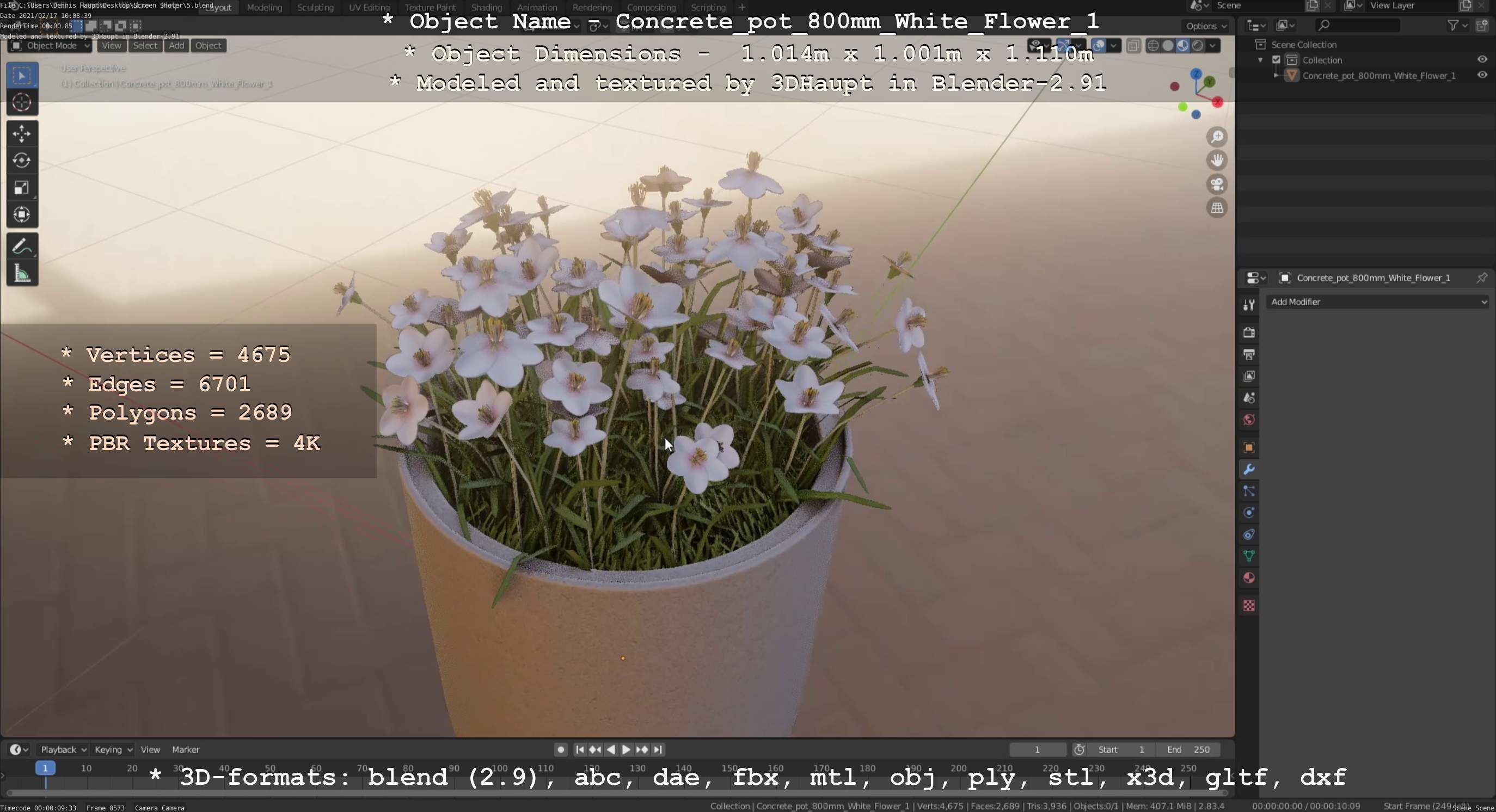Concrete Pipe Pot 800mm with White Version 1 Low-poly 3D model_70