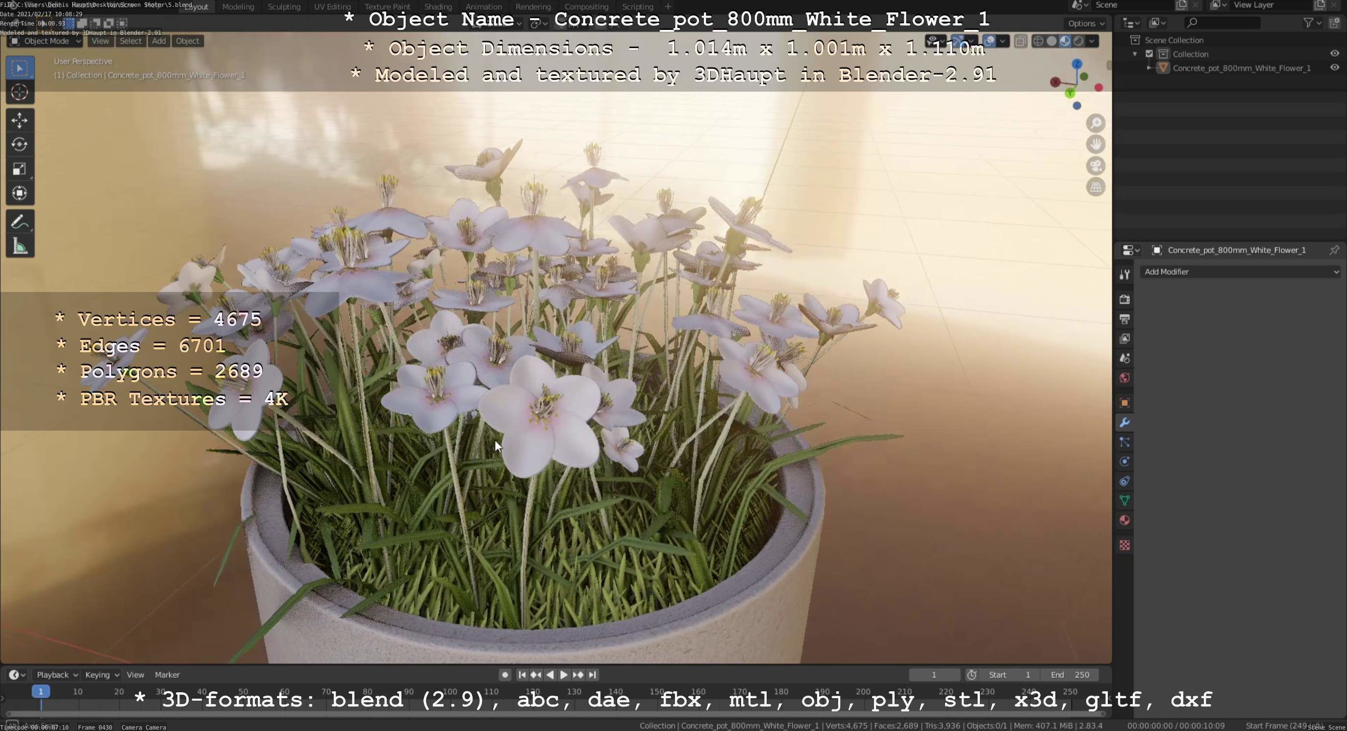 Concrete Pipe Pot 800mm with White Version 1 Low-poly 3D model_68