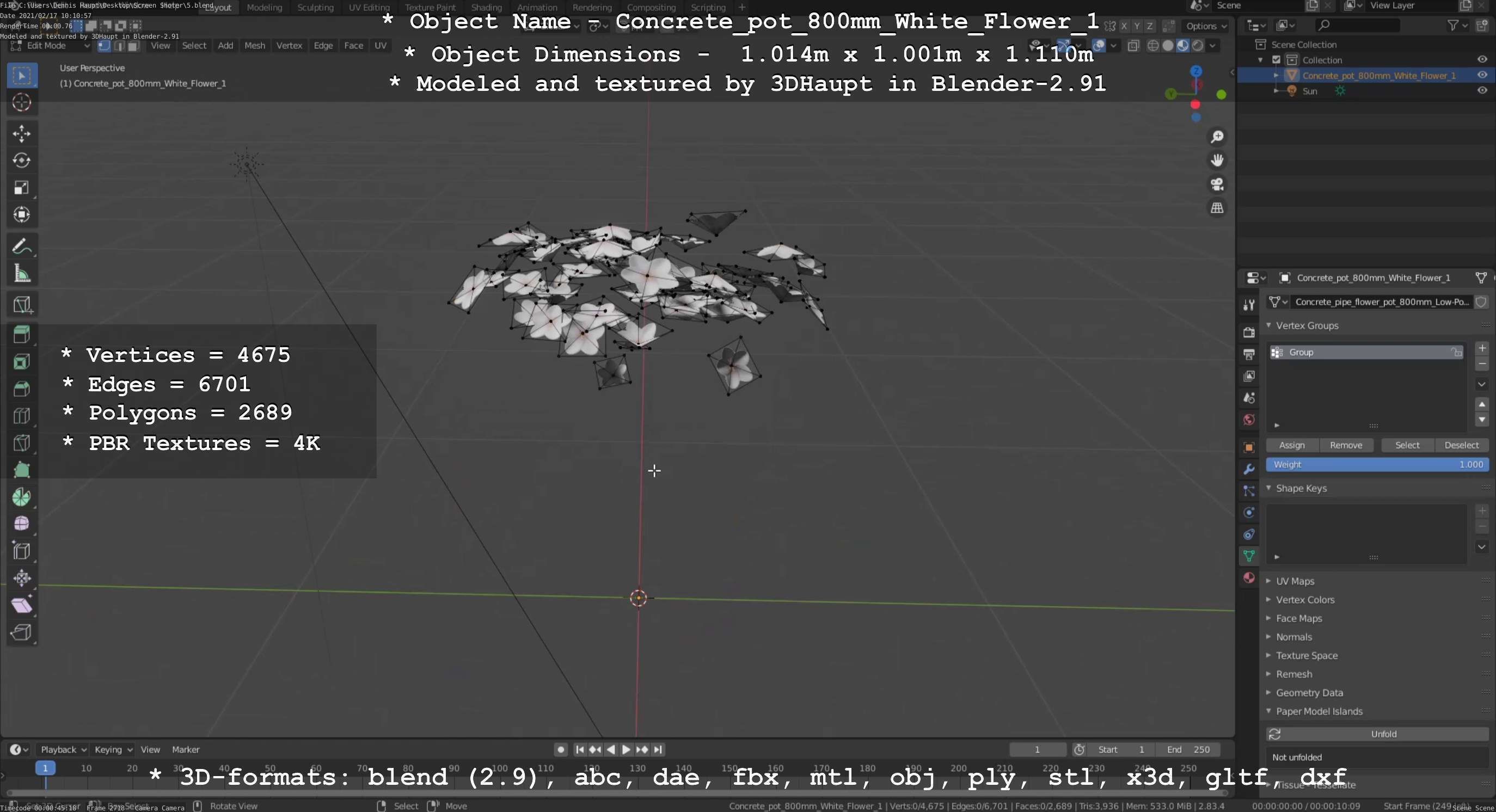 Concrete Pipe Pot 800mm with White Version 1 Low-poly 3D model_91