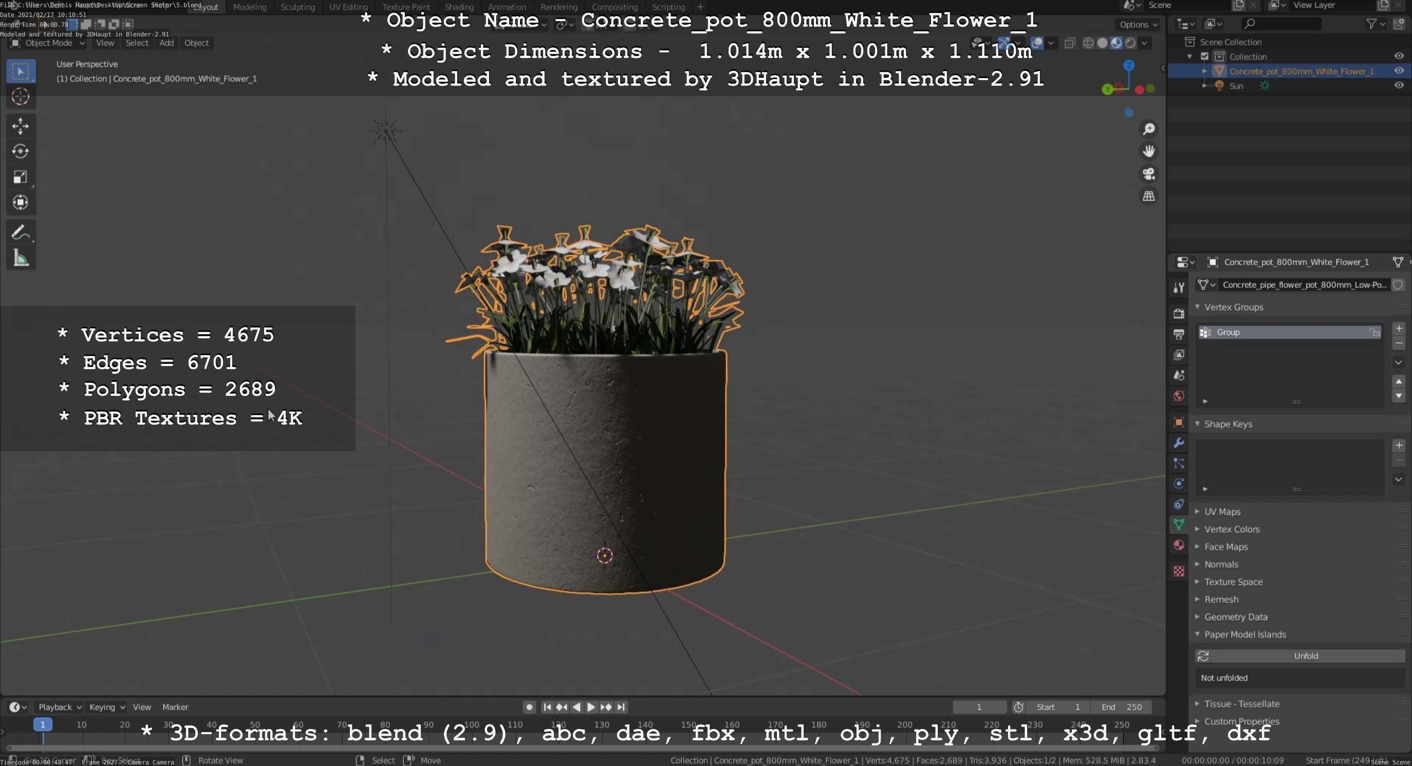 Concrete Pipe Pot 800mm with White Version 1 Low-poly 3D model_83