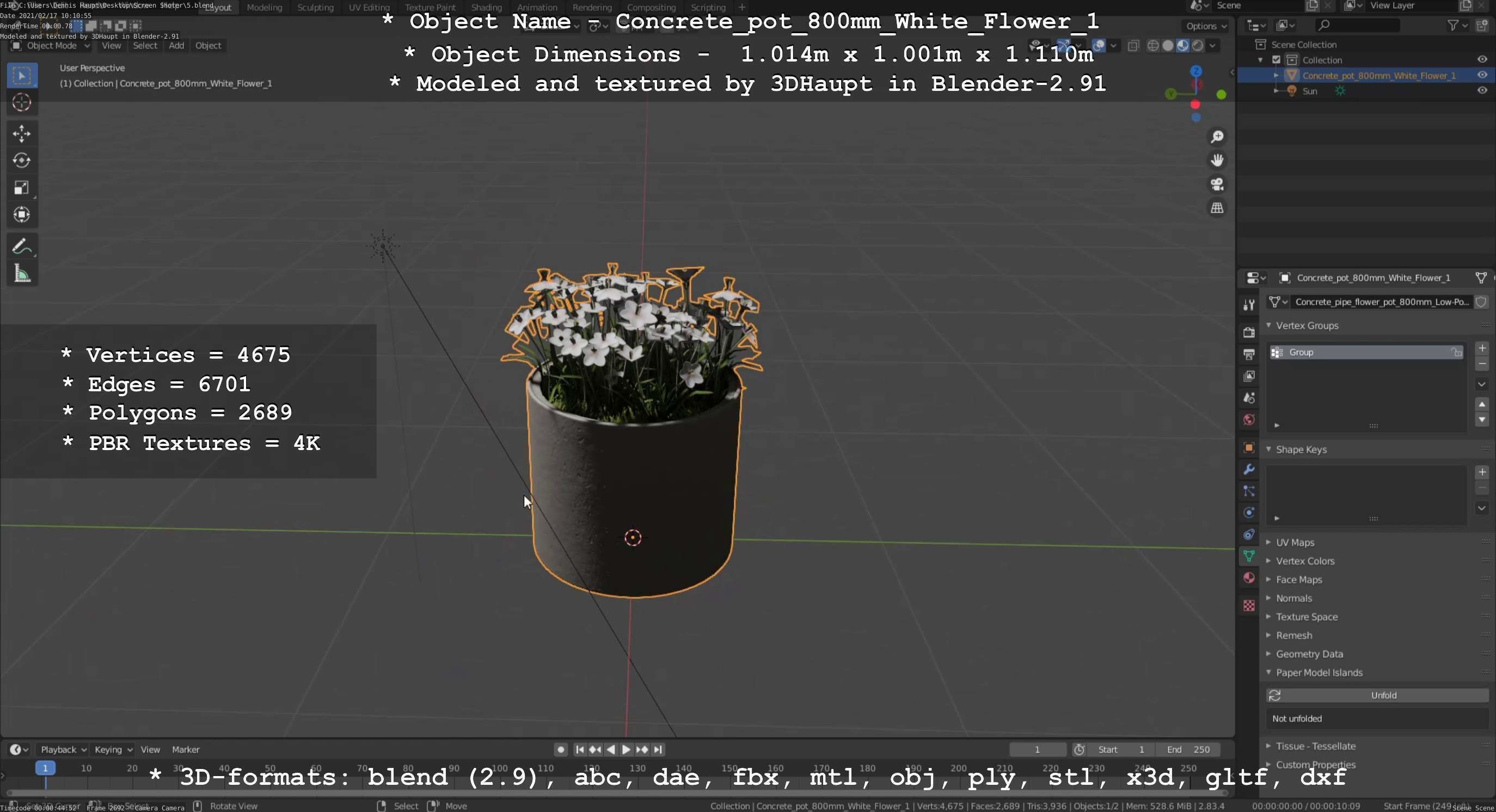 Concrete Pipe Pot 800mm with White Version 1 Low-poly 3D model_98