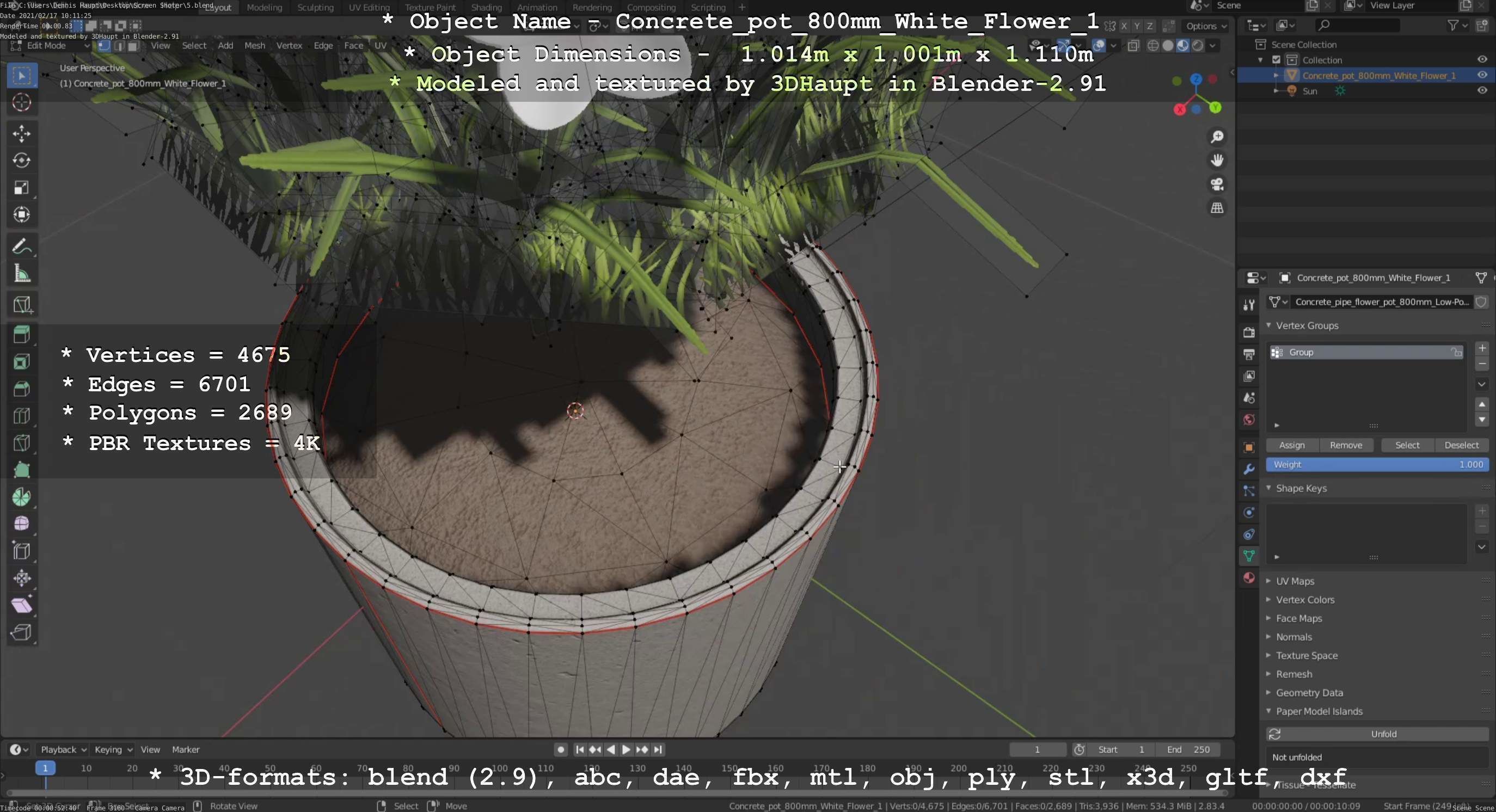 Concrete Pipe Pot 800mm with White Version 1 Low-poly 3D model_20