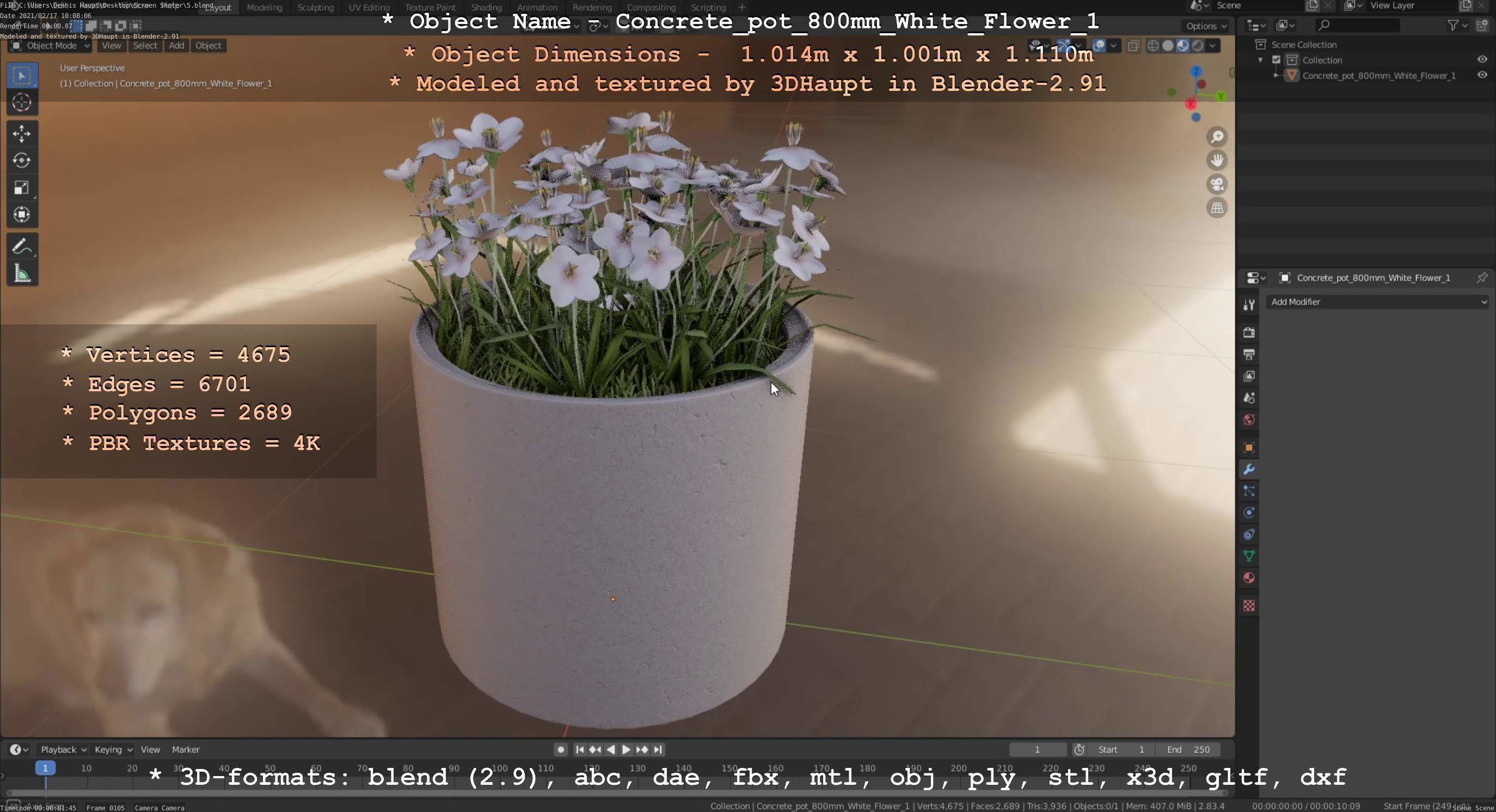 Concrete Pipe Pot 800mm with White Version 1 Low-poly 3D model_40