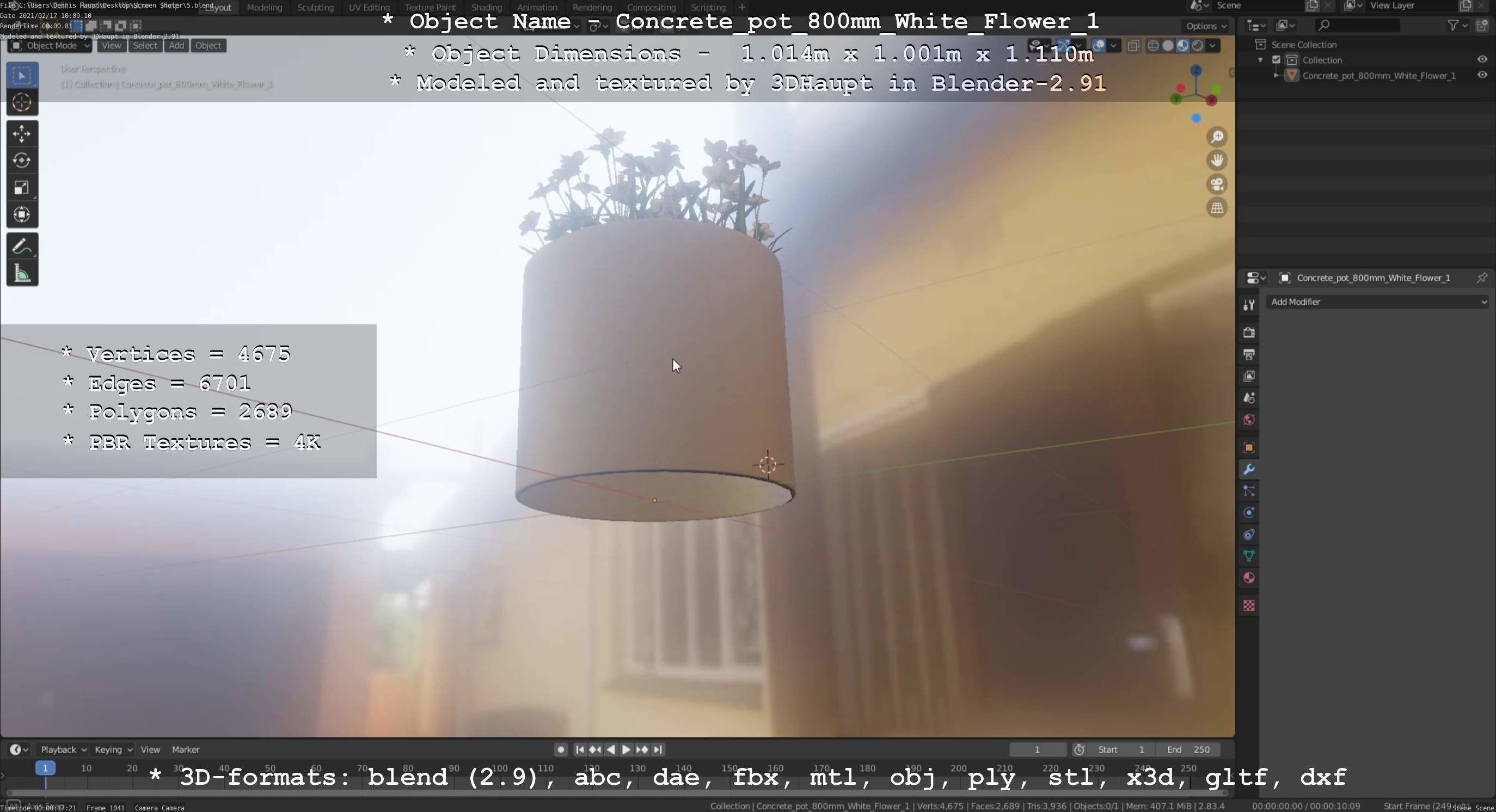 Concrete Pipe Pot 800mm with White Version 1 Low-poly 3D model_5