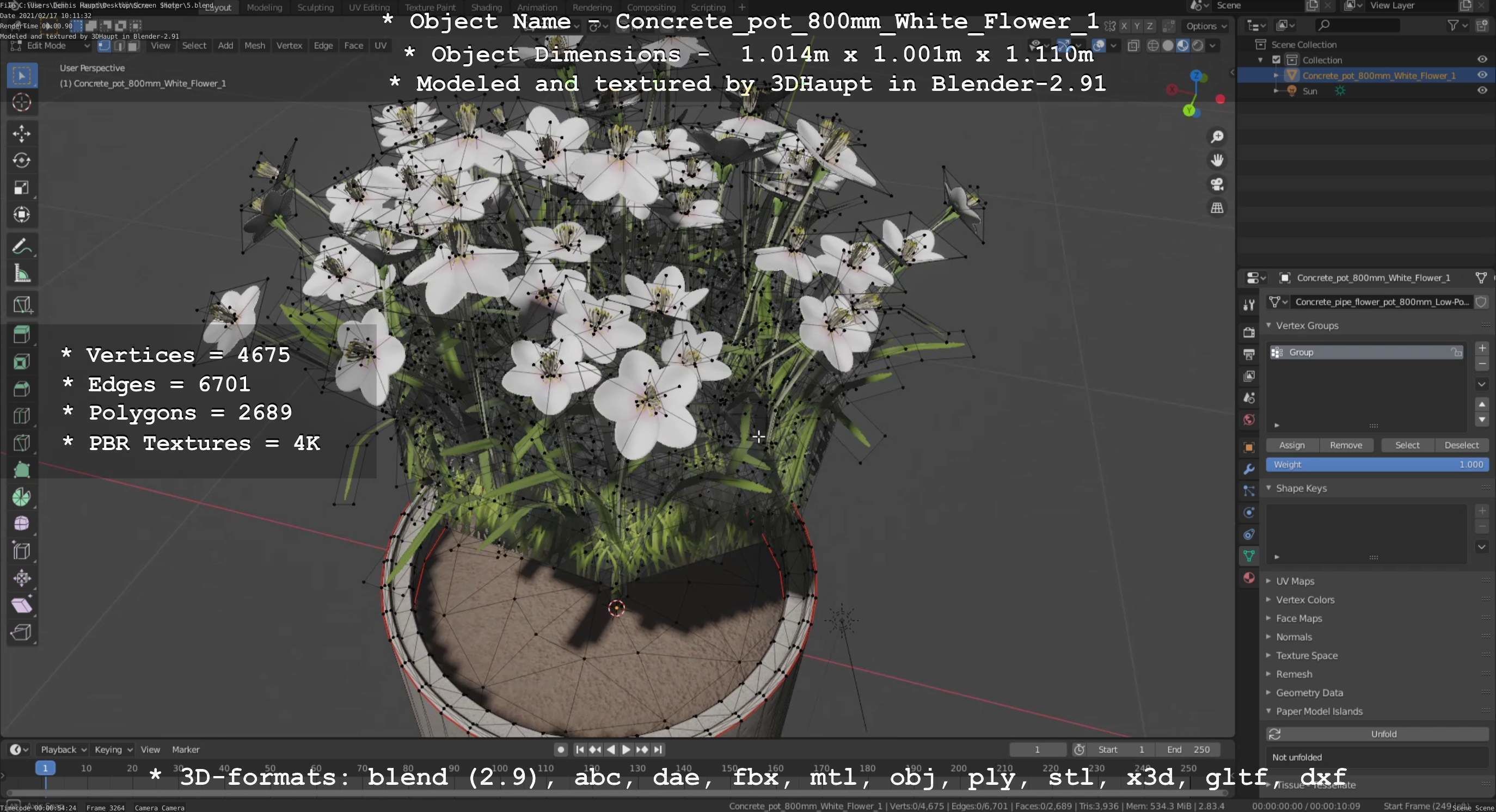 Concrete Pipe Pot 800mm with White Version 1 Low-poly 3D model_22