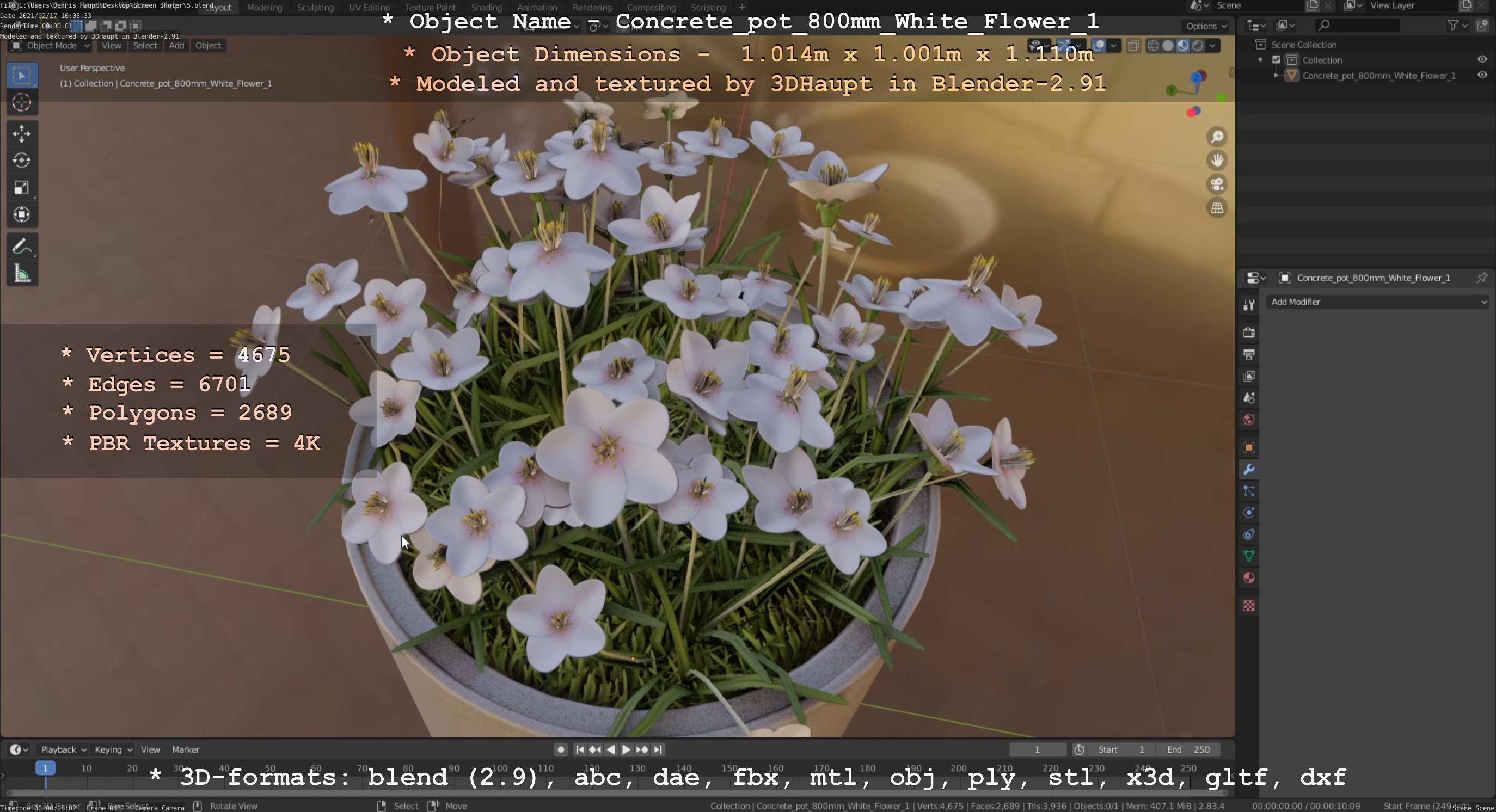 Concrete Pipe Pot 800mm with White Version 1 Low-poly 3D model_63