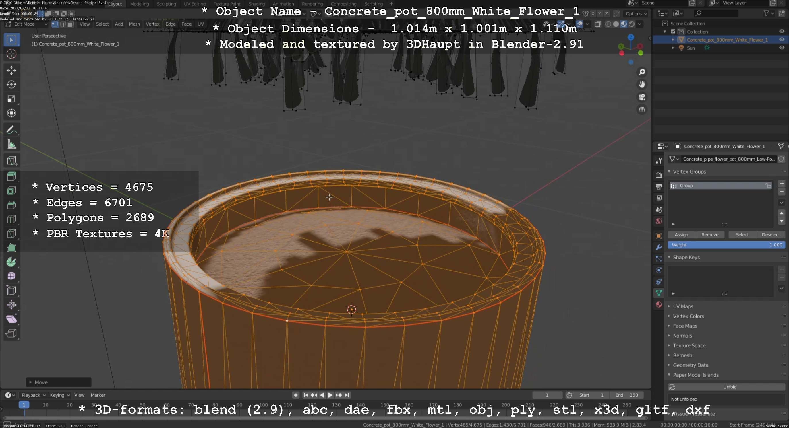 Concrete Pipe Pot 800mm with White Version 1 Low-poly 3D model_18