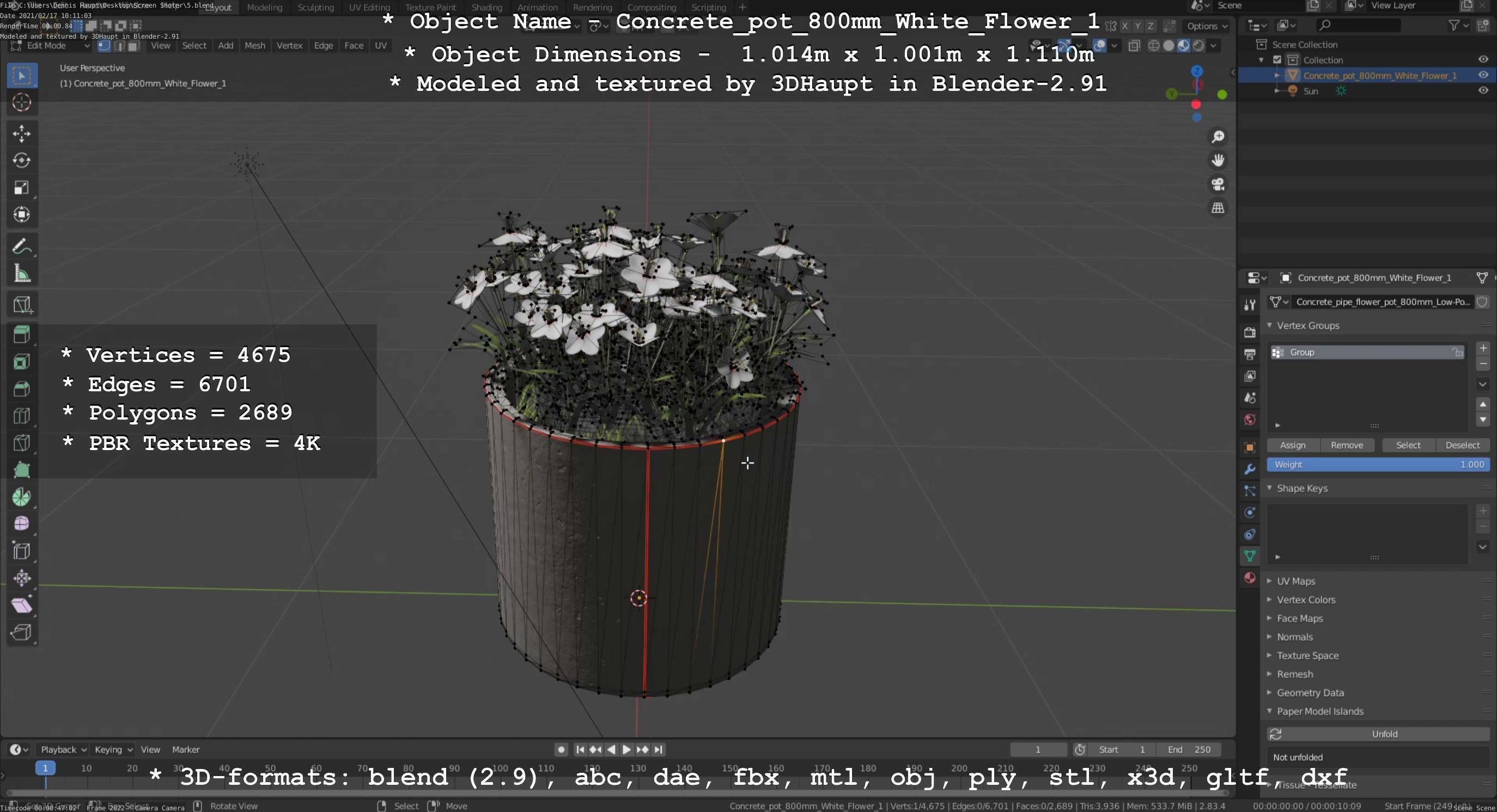 Concrete Pipe Pot 800mm with White Version 1 Low-poly 3D model_16