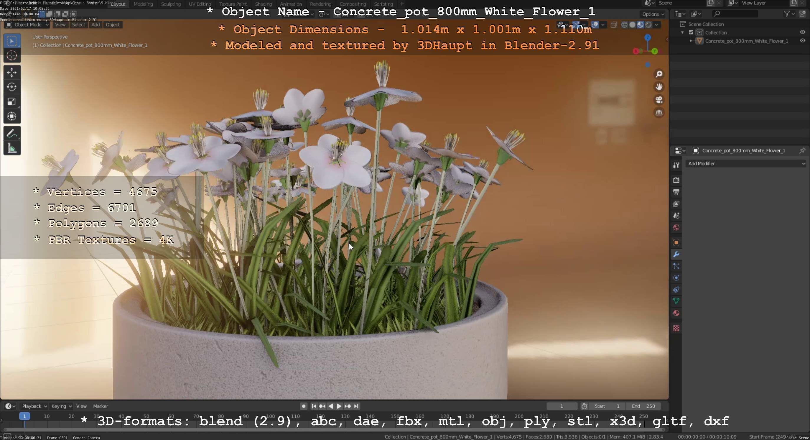 Concrete Pipe Pot 800mm with White Version 1 Low-poly 3D model_60