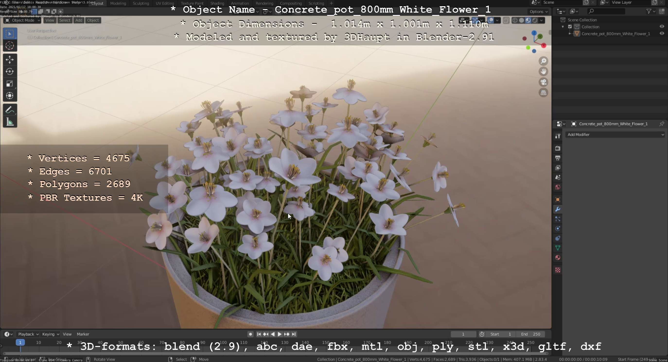 Concrete Pipe Pot 800mm with White Version 1 Low-poly 3D model_65