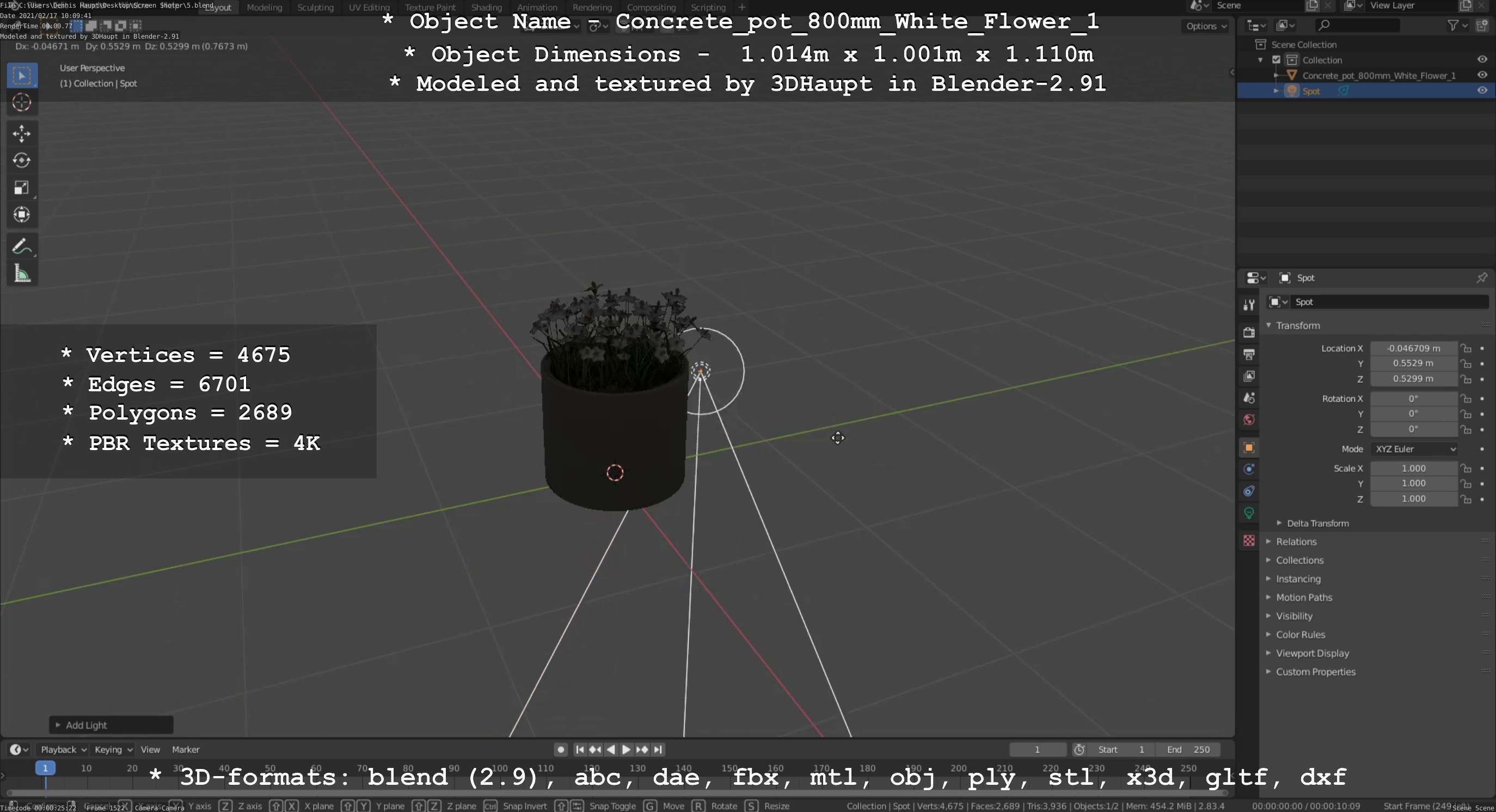 Concrete Pipe Pot 800mm with White Version 1 Low-poly 3D model_10