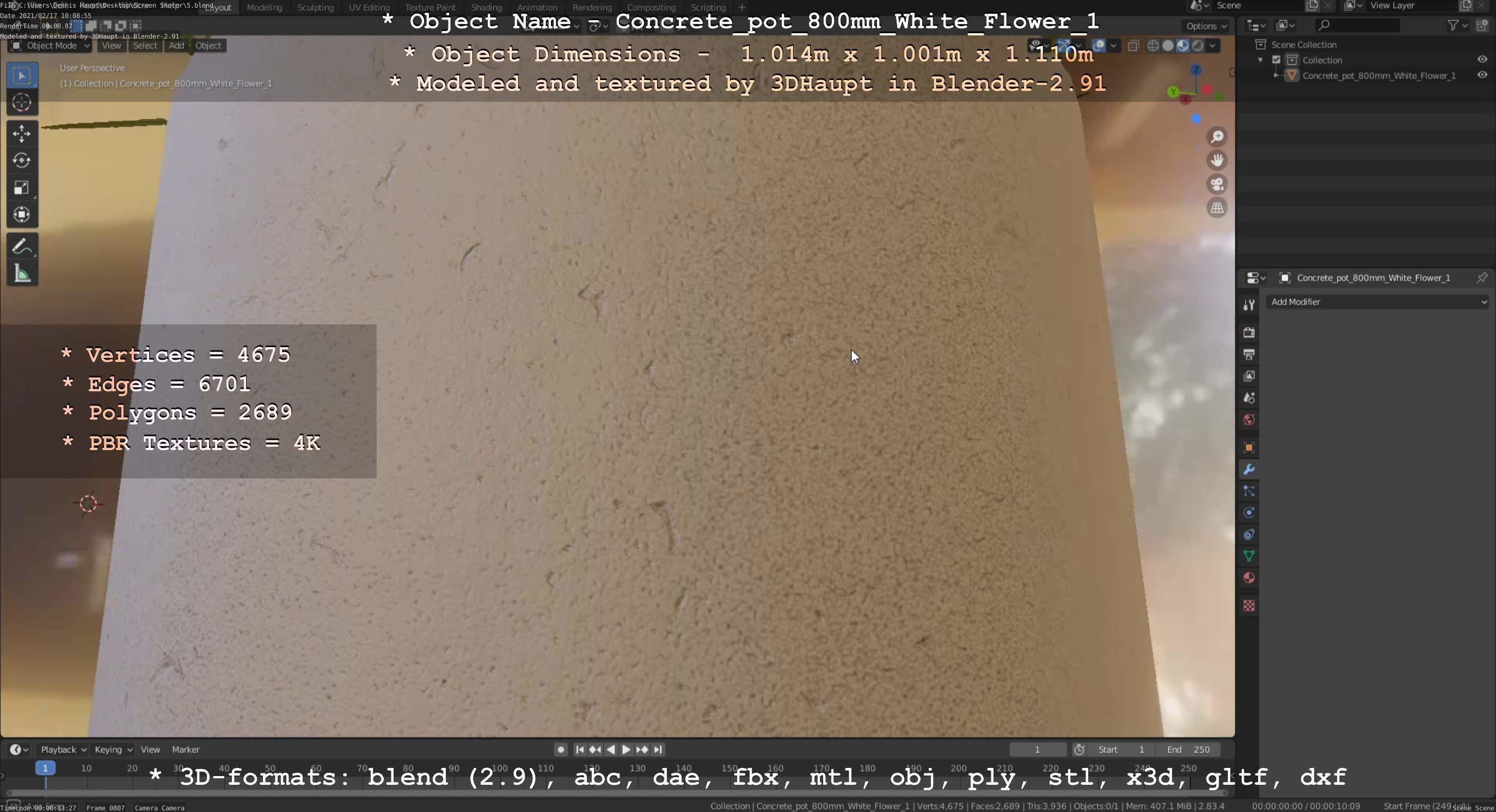 Concrete Pipe Pot 800mm with White Version 1 Low-poly 3D model_4