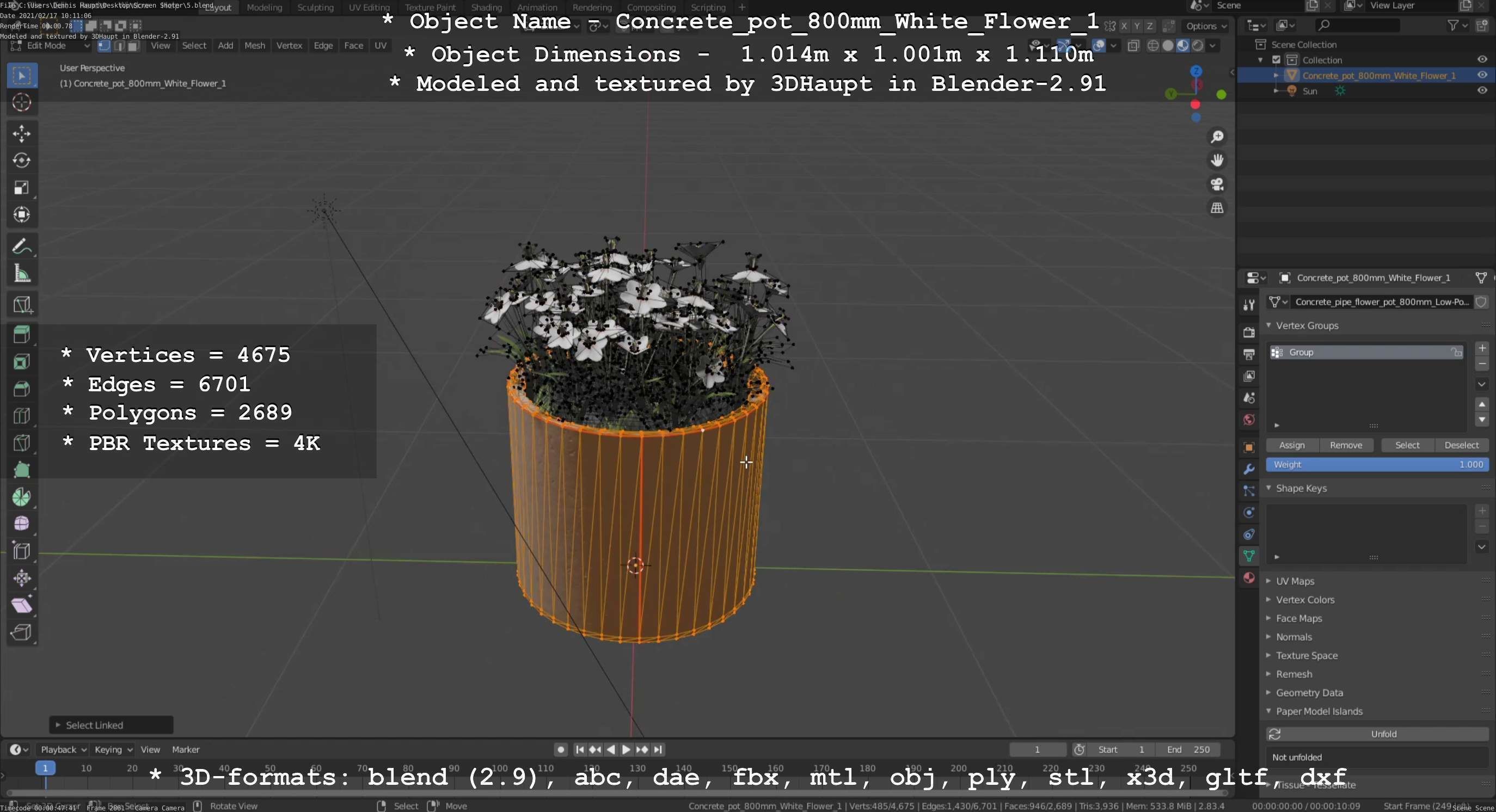 Concrete Pipe Pot 800mm with White Version 1 Low-poly 3D model_97