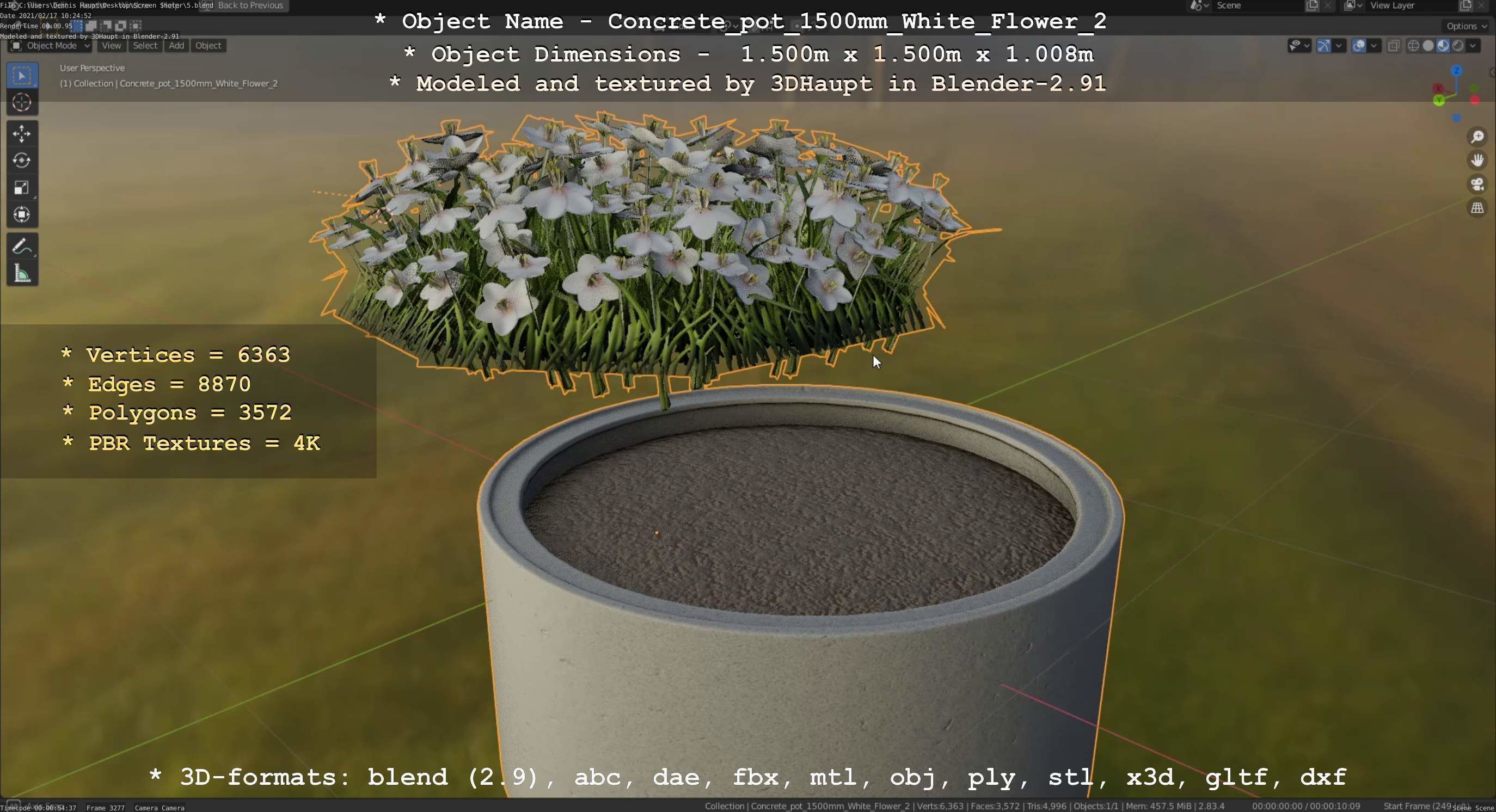 Concrete Pipe Pot 1500mm with White Version 2 Low-poly 3D model_19