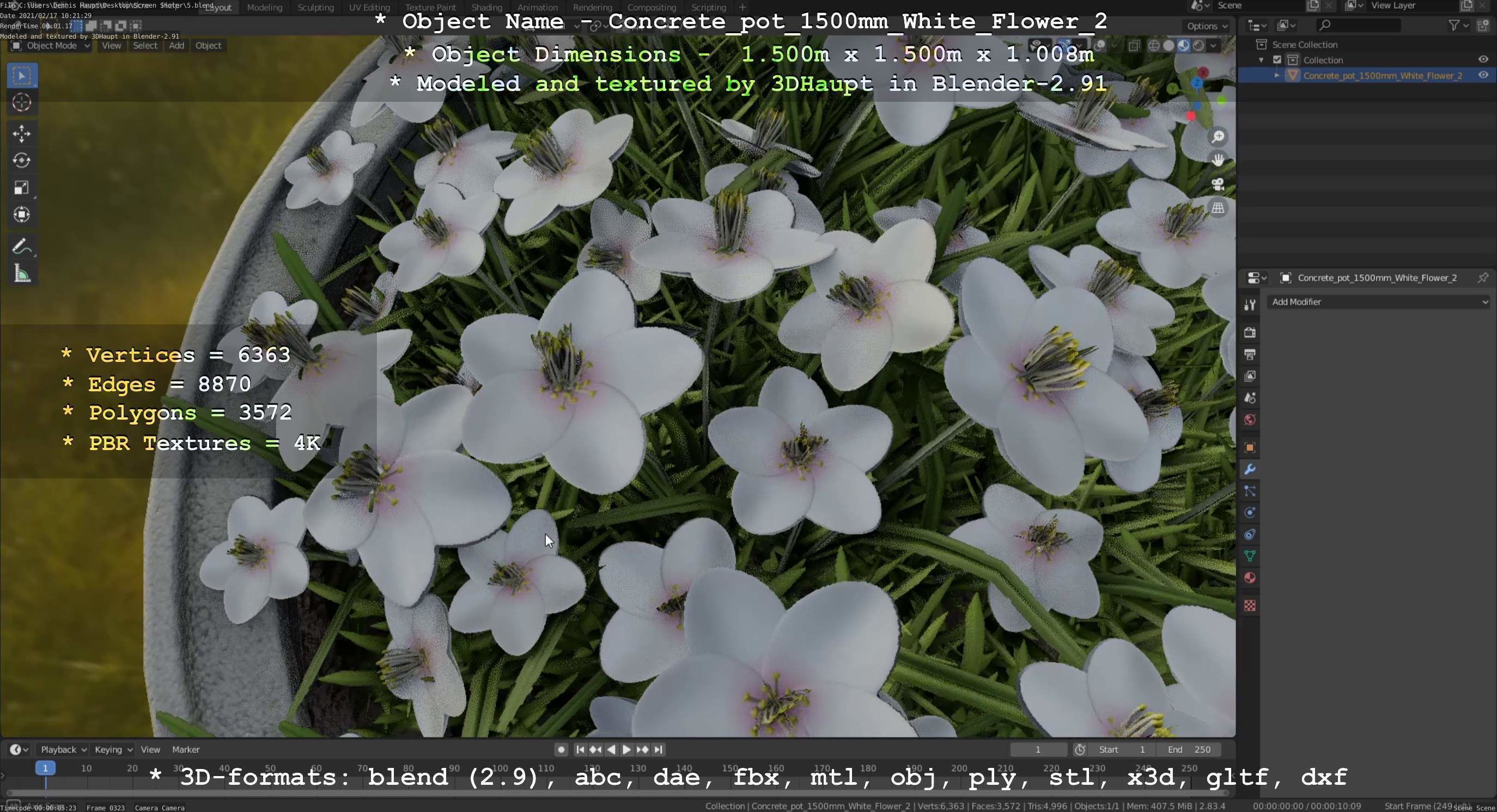 Concrete Pipe Pot 1500mm with White Version 2 Low-poly 3D model_38