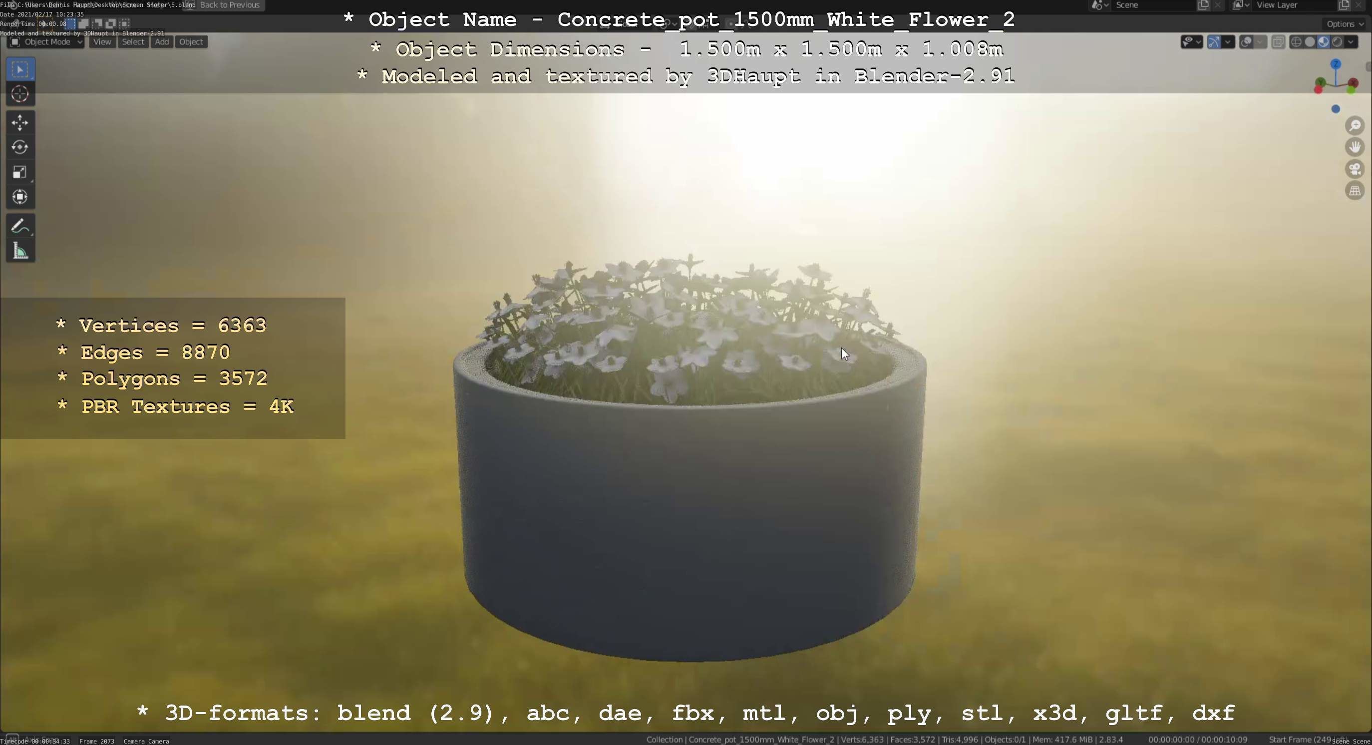 Concrete Pipe Pot 1500mm with White Version 2 Low-poly 3D model_121