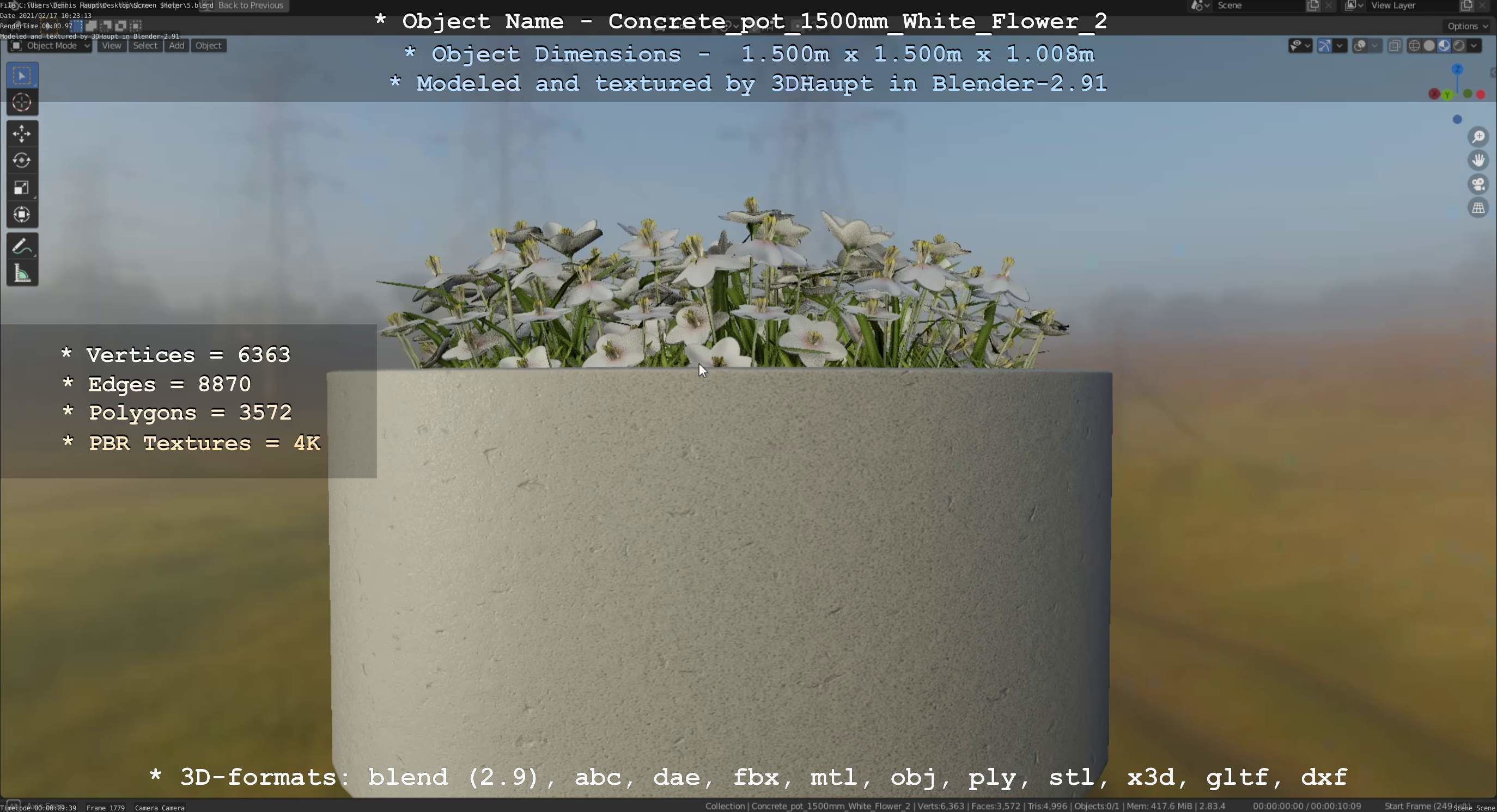 Concrete Pipe Pot 1500mm with White Version 2 Low-poly 3D model_44