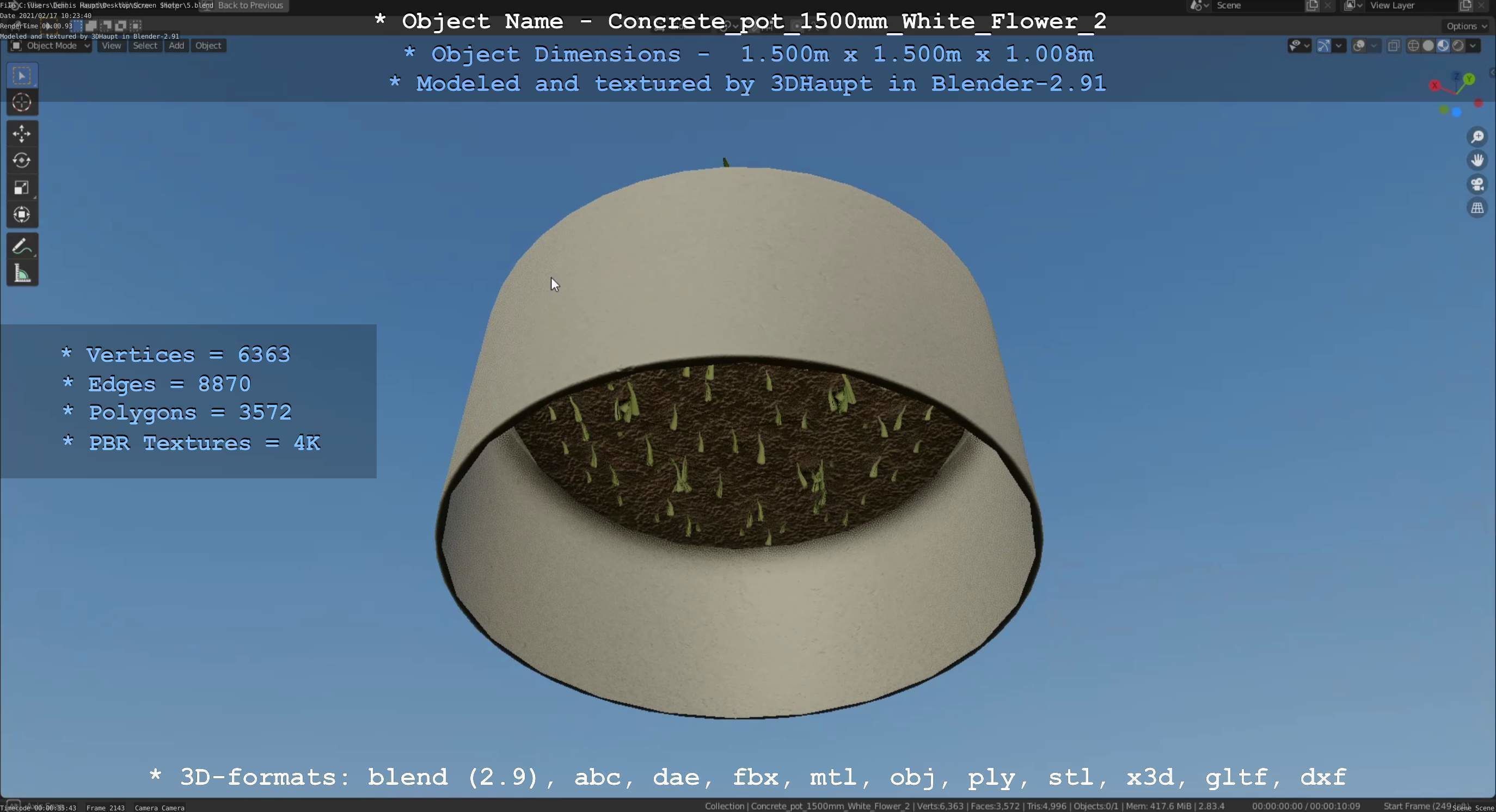 Concrete Pipe Pot 1500mm with White Version 2 Low-poly 3D model_7