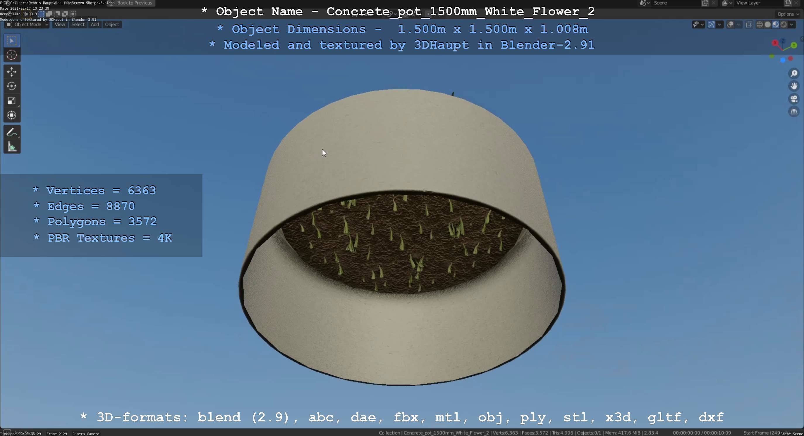 Concrete Pipe Pot 1500mm with White Version 2 Low-poly 3D model_126