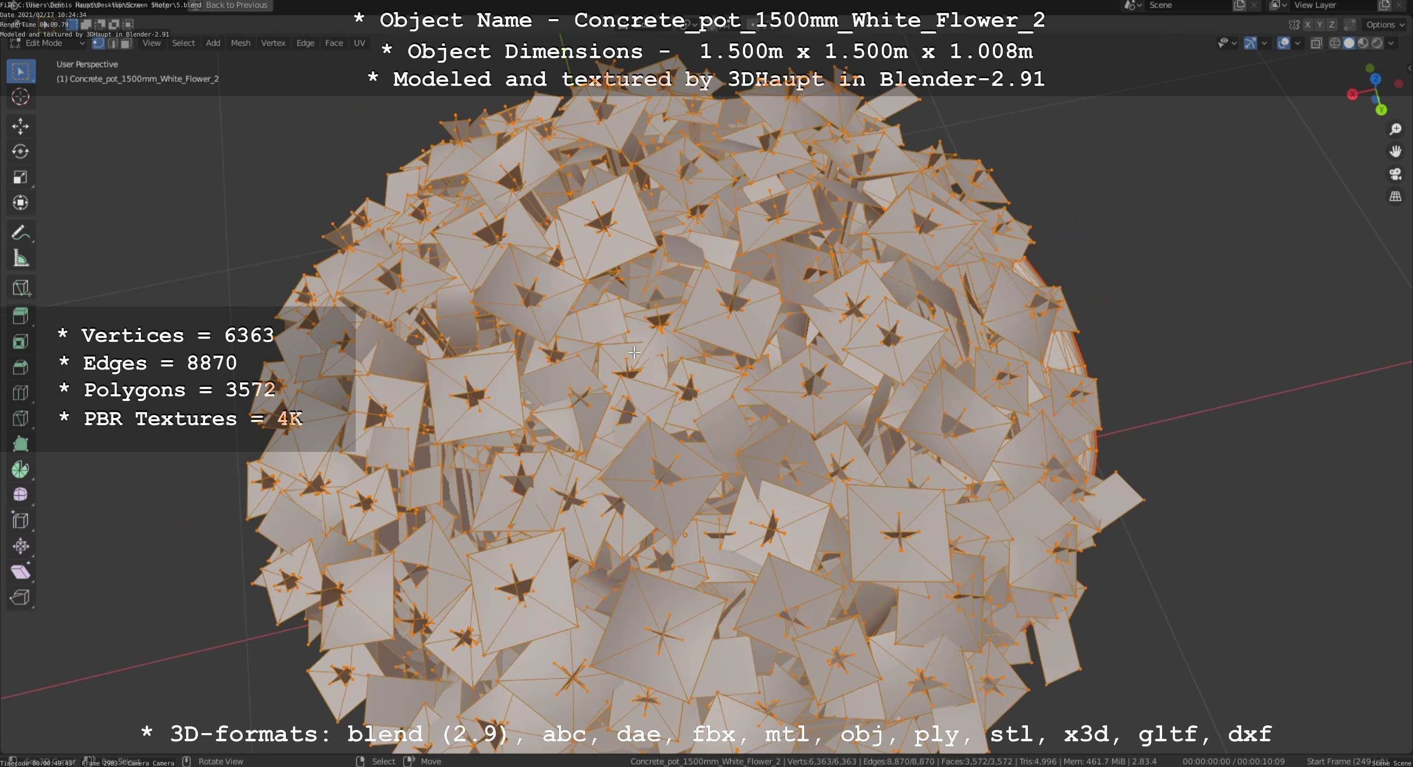 Concrete Pipe Pot 1500mm with White Version 2 Low-poly 3D model_58