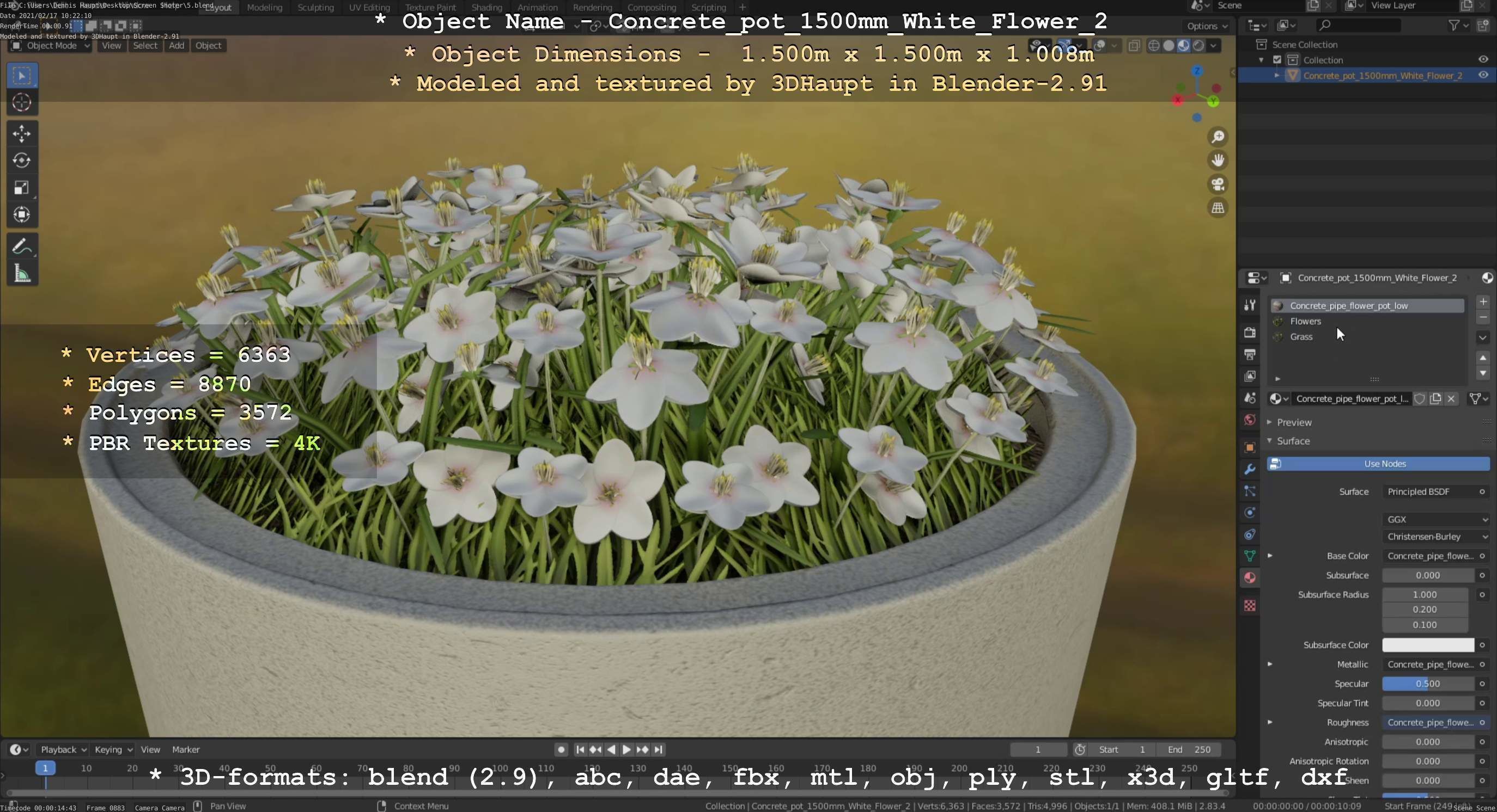 Concrete Pipe Pot 1500mm with White Version 2 Low-poly 3D model_85