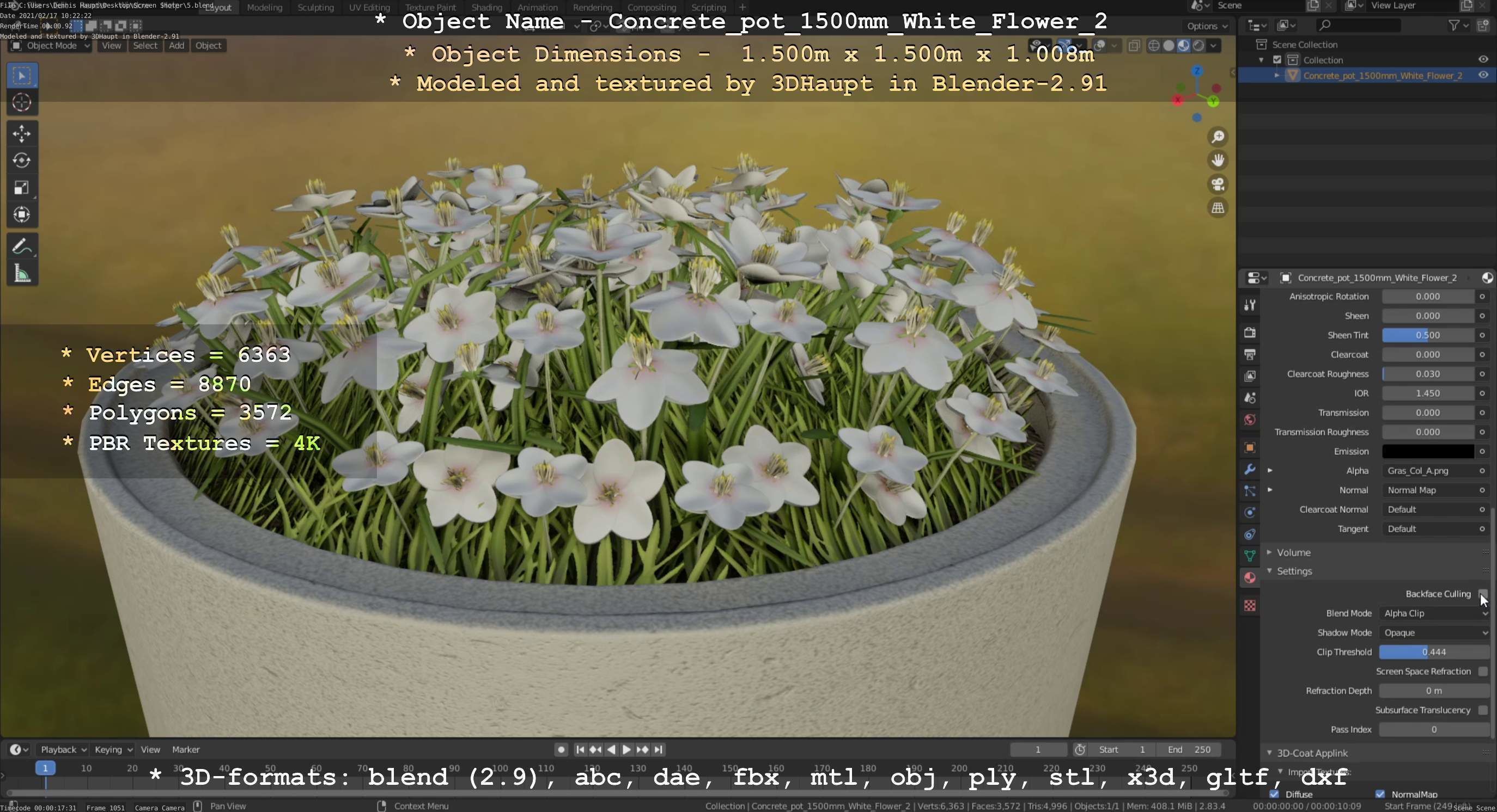 Concrete Pipe Pot 1500mm with White Version 2 Low-poly 3D model_88