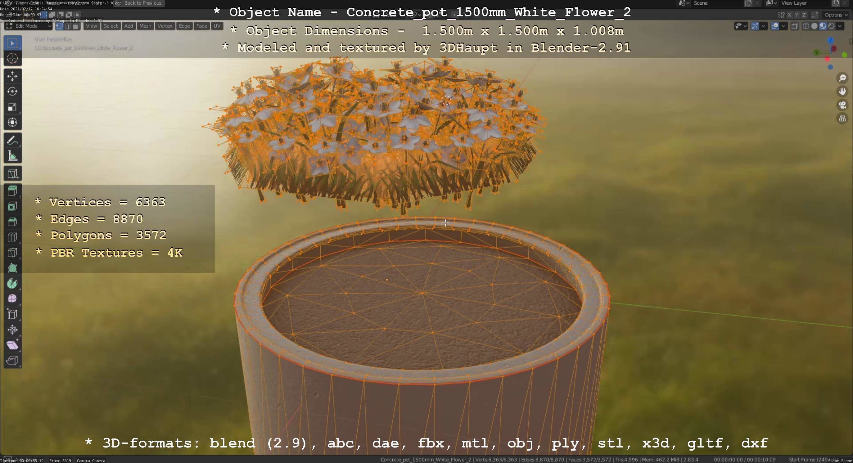 Concrete Pipe Pot 1500mm with White Version 2 Low-poly 3D model_61