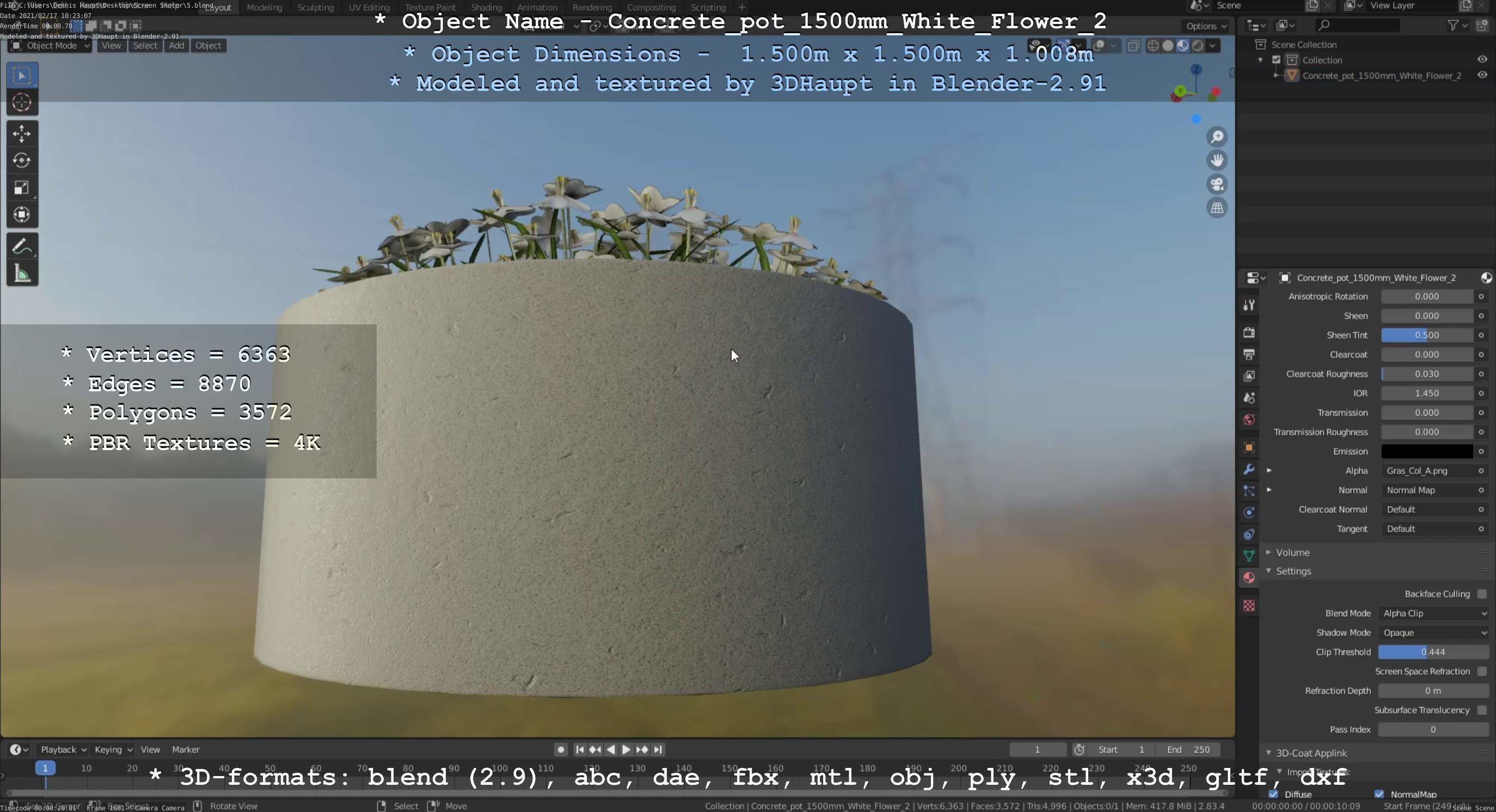 Concrete Pipe Pot 1500mm with White Version 2 Low-poly 3D model_108