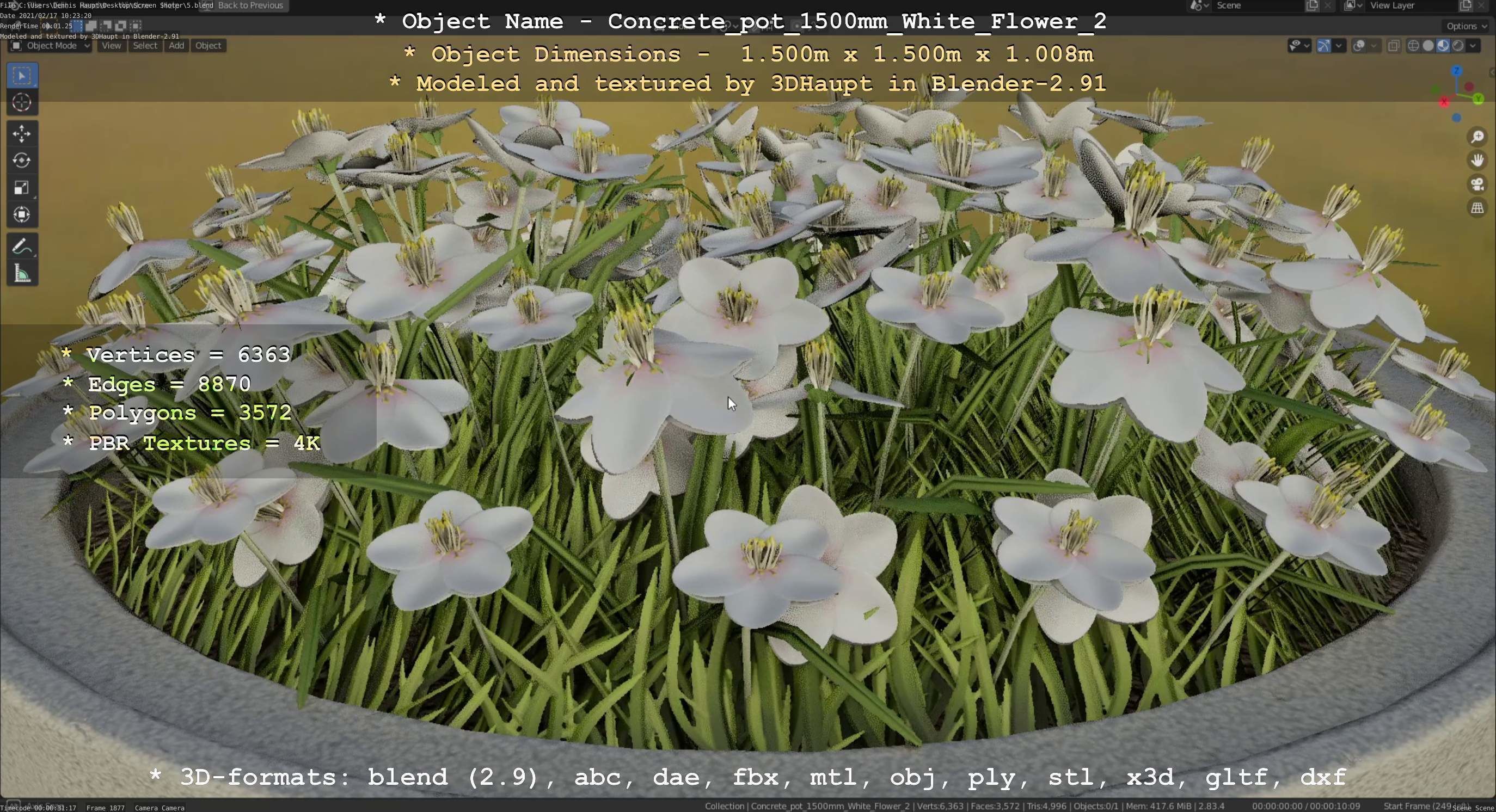 Concrete Pipe Pot 1500mm with White Version 2 Low-poly 3D model_115