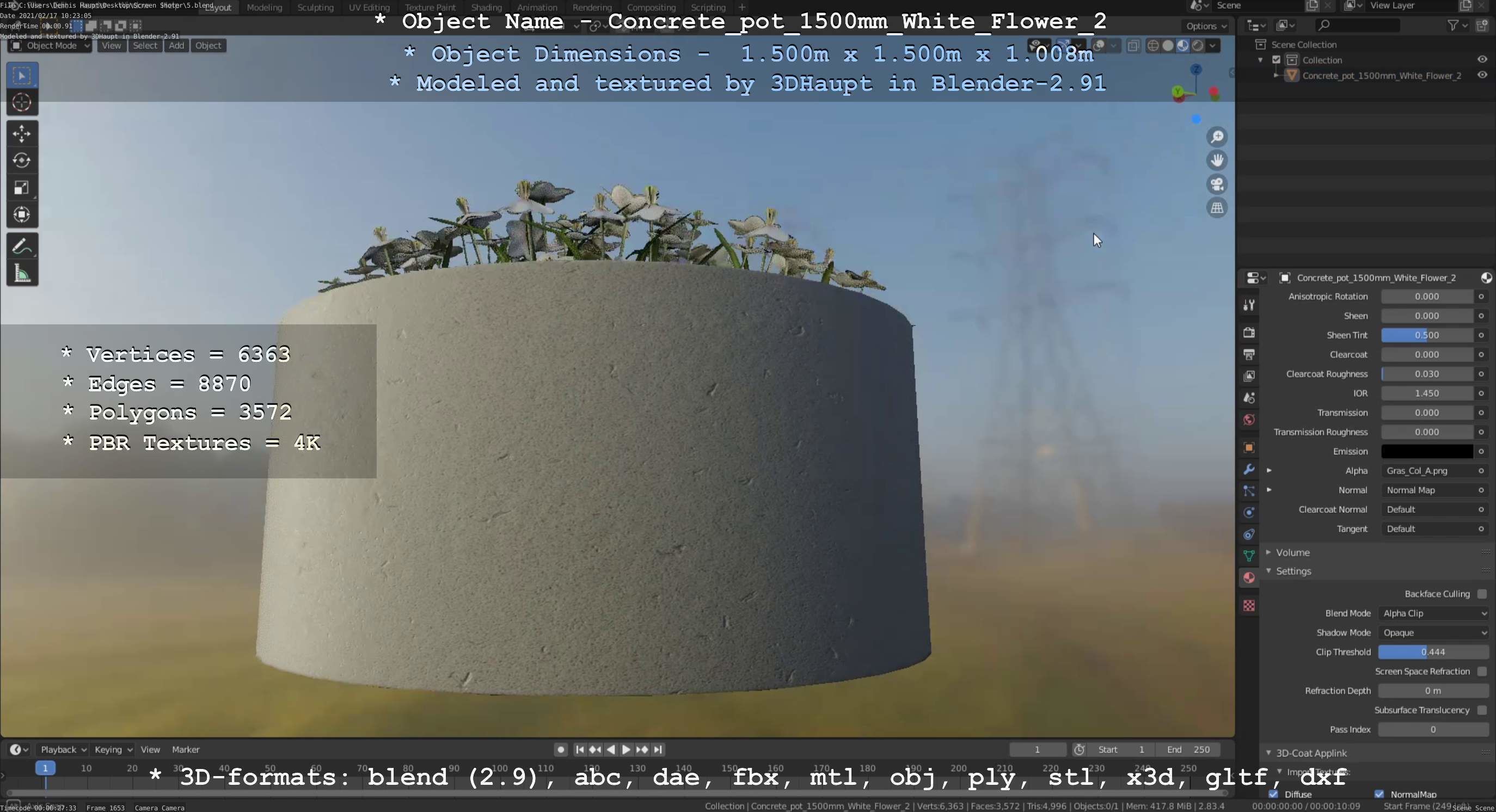 Concrete Pipe Pot 1500mm with White Version 2 Low-poly 3D model_106