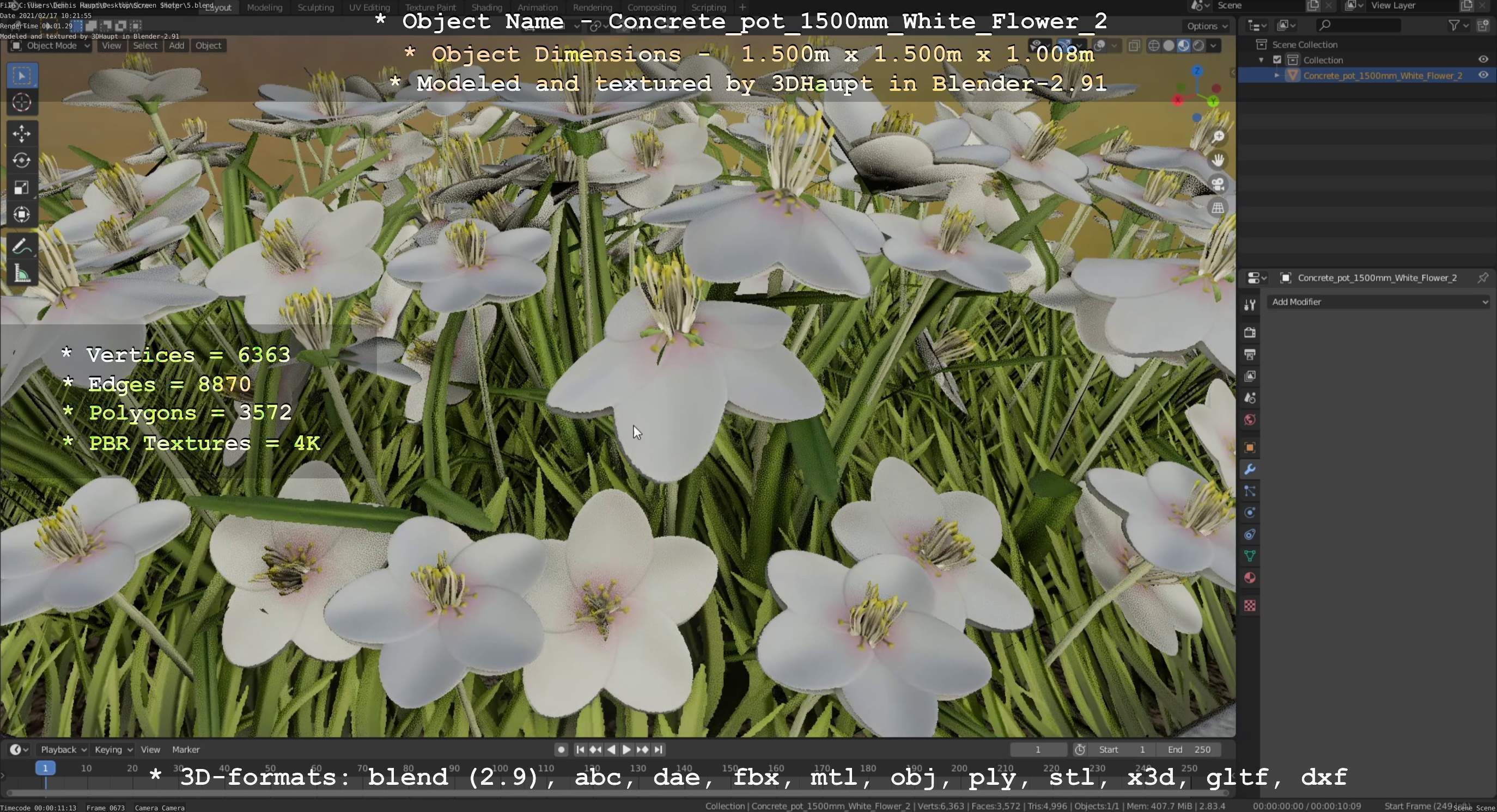 Concrete Pipe Pot 1500mm with White Version 2 Low-poly 3D model_80