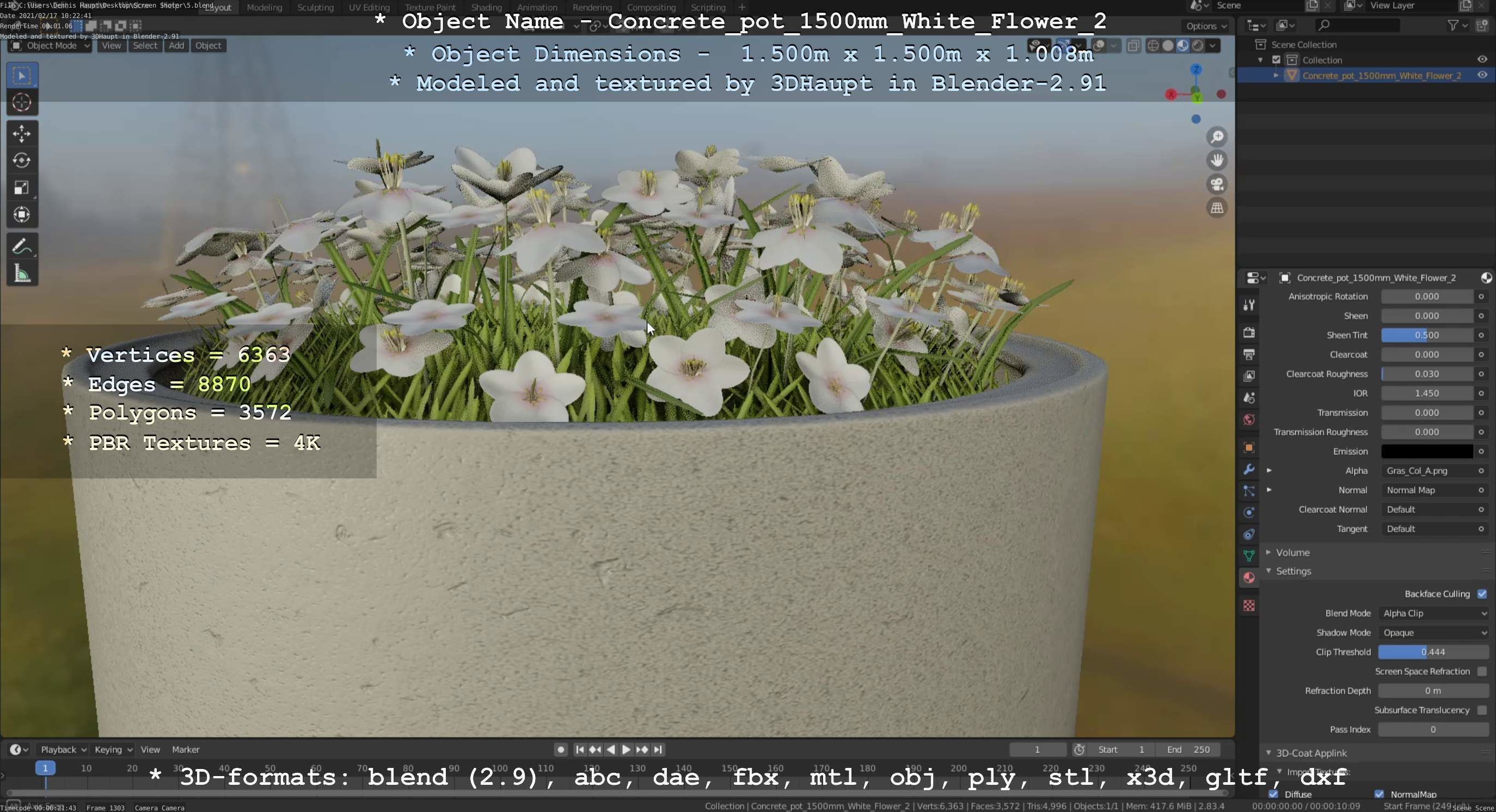 Concrete Pipe Pot 1500mm with White Version 2 Low-poly 3D model_93